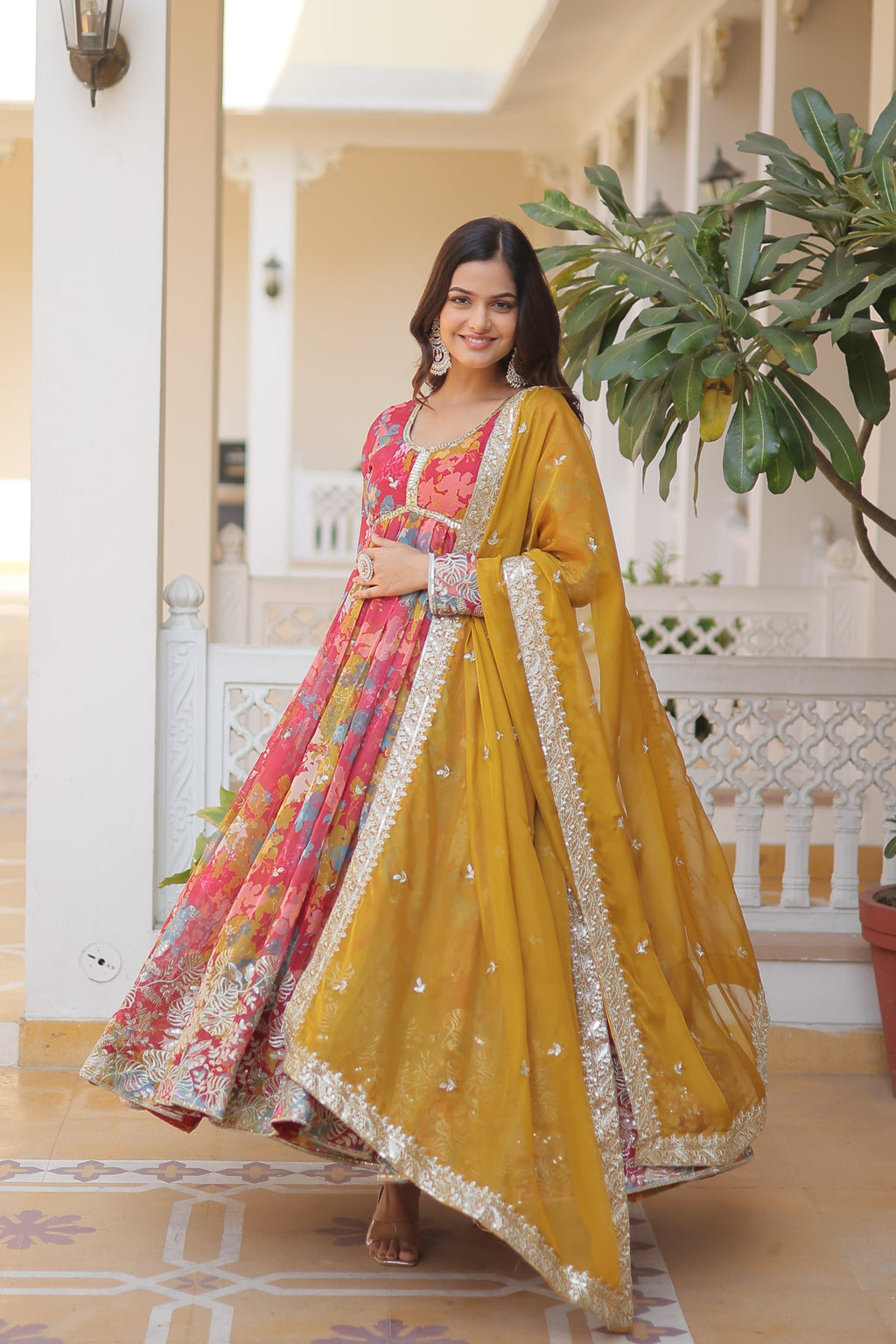 Wedding Wear Floral Embroidered Red Color Alia Cut Gown With Dupatta