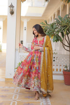 Wedding Wear Floral Embroidered Red Color Alia Cut Gown With Dupatta