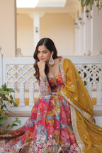 Wedding Wear Floral Embroidered Red Color Alia Cut Gown With Dupatta