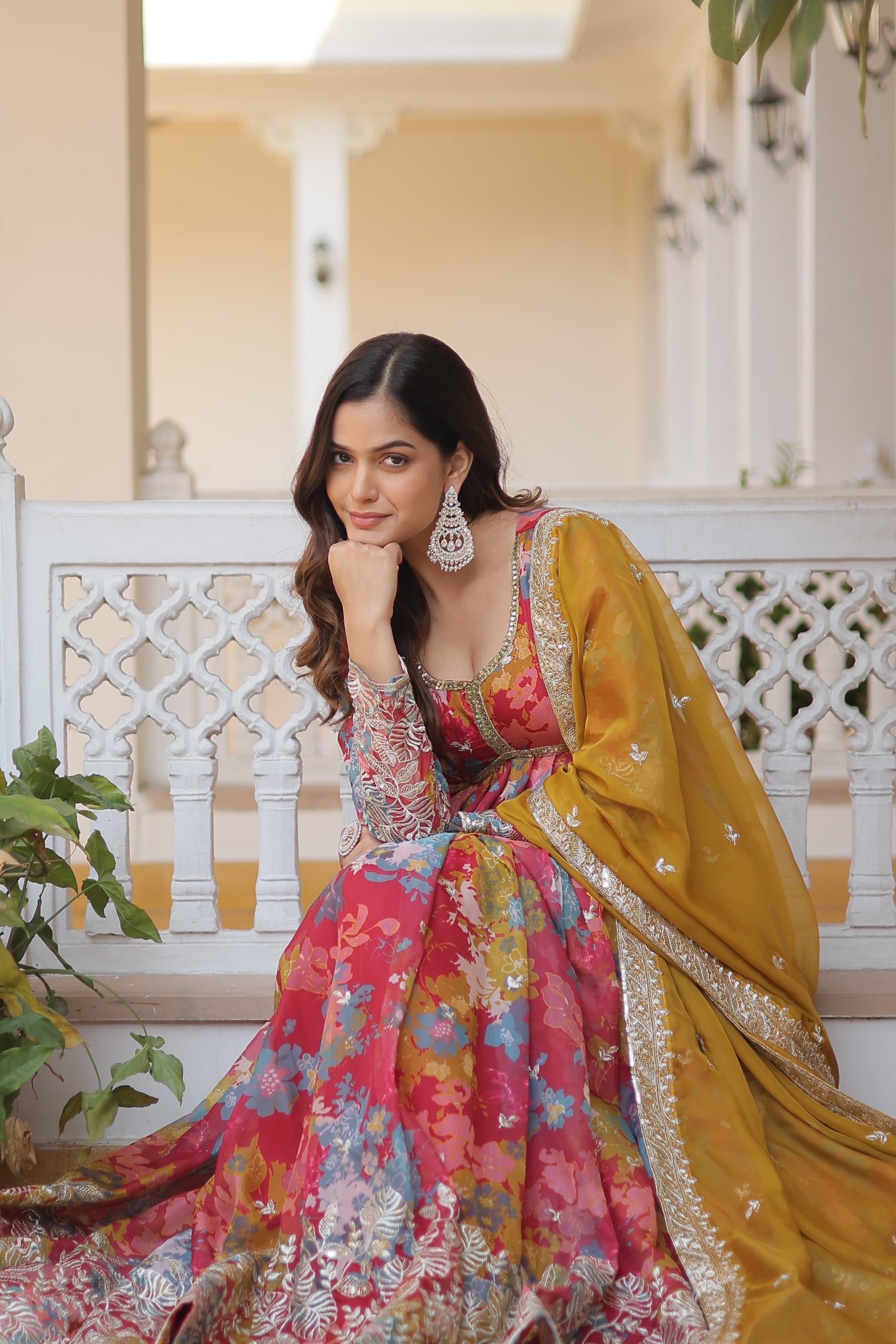 Wedding Wear Floral Embroidered Red Color Alia Cut Gown With Dupatta