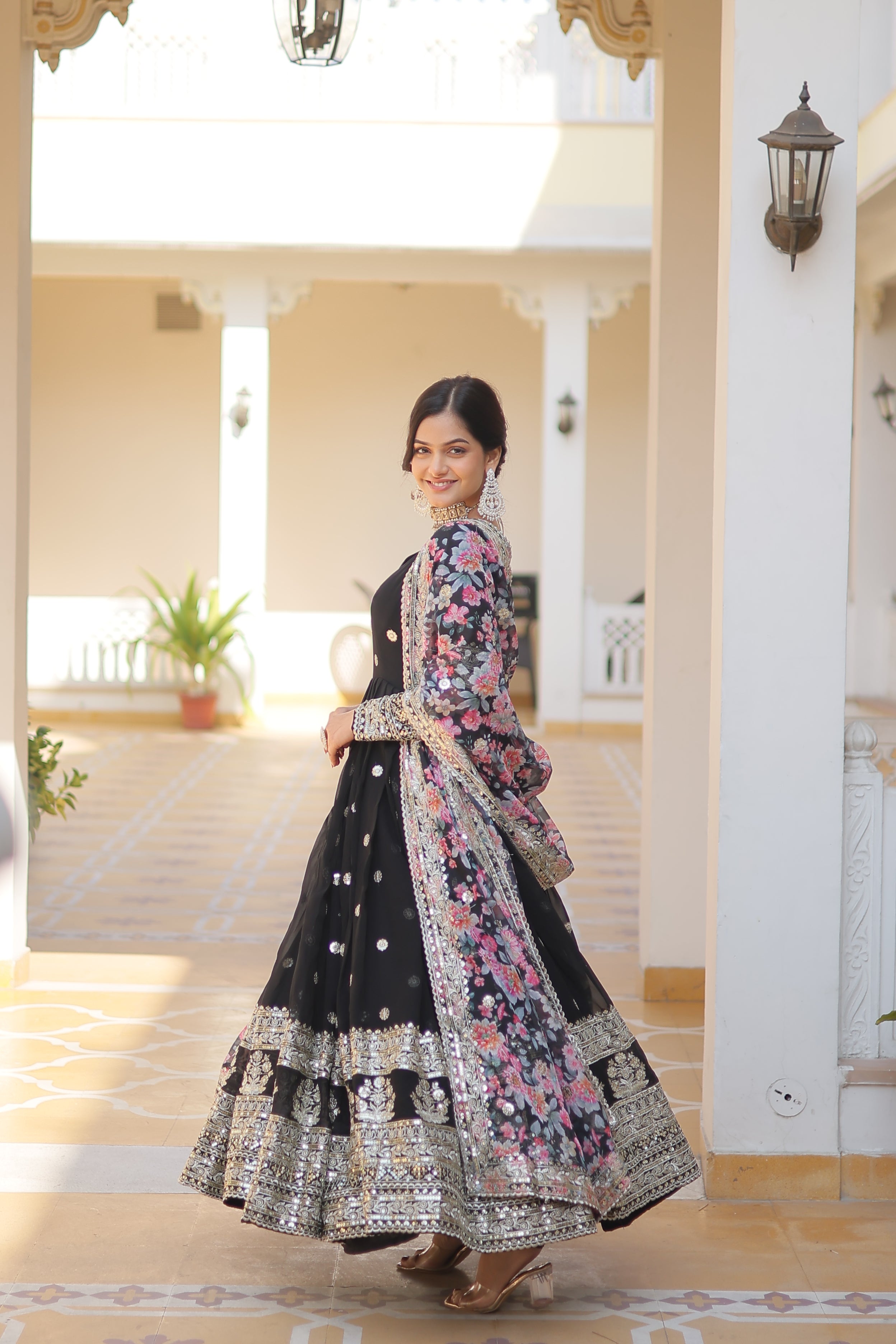 Faux Georgette Designer Black Color Wedding Gown With Dupatta