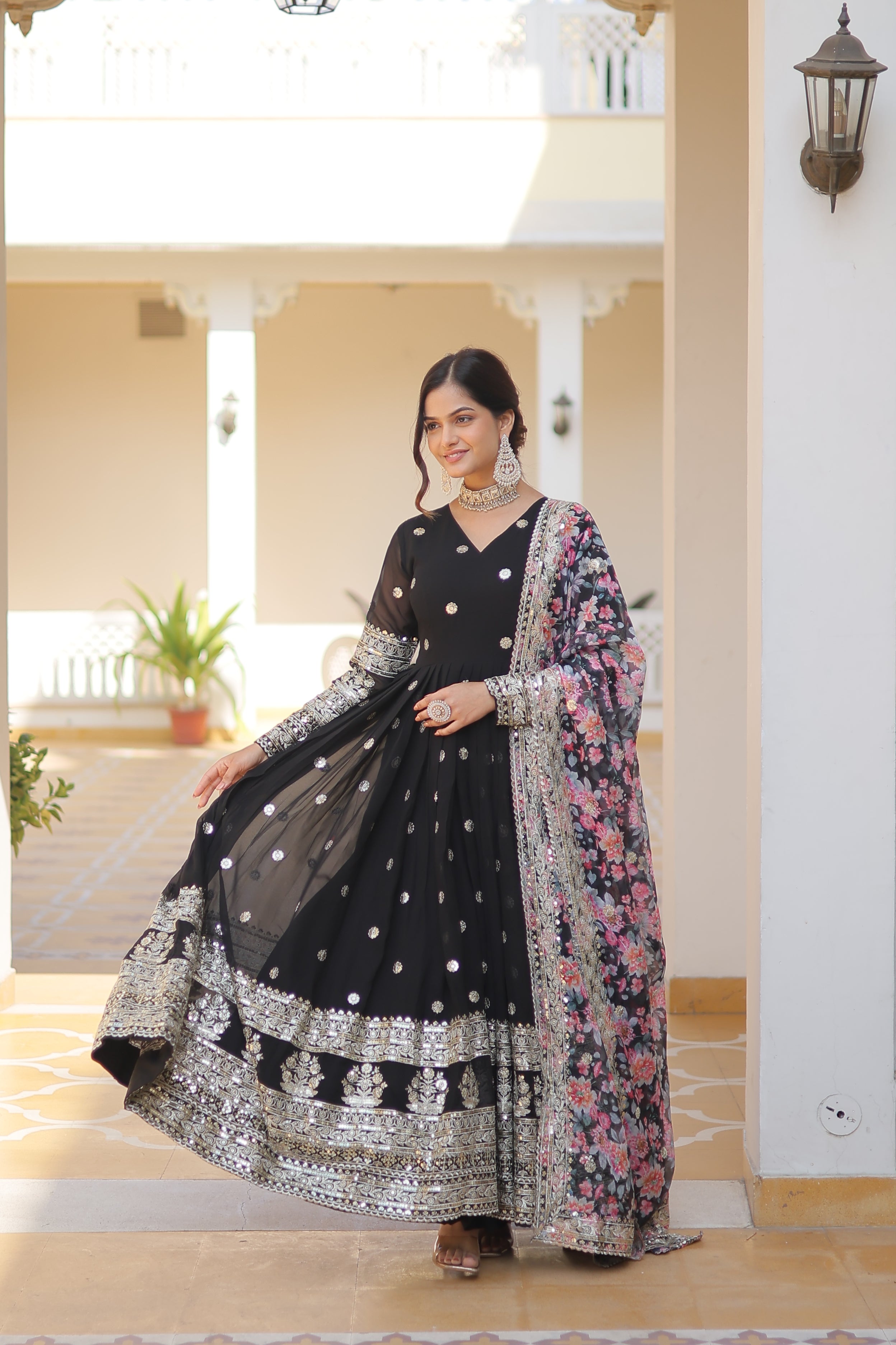 Faux Georgette Designer Black Color Wedding Gown With Dupatta