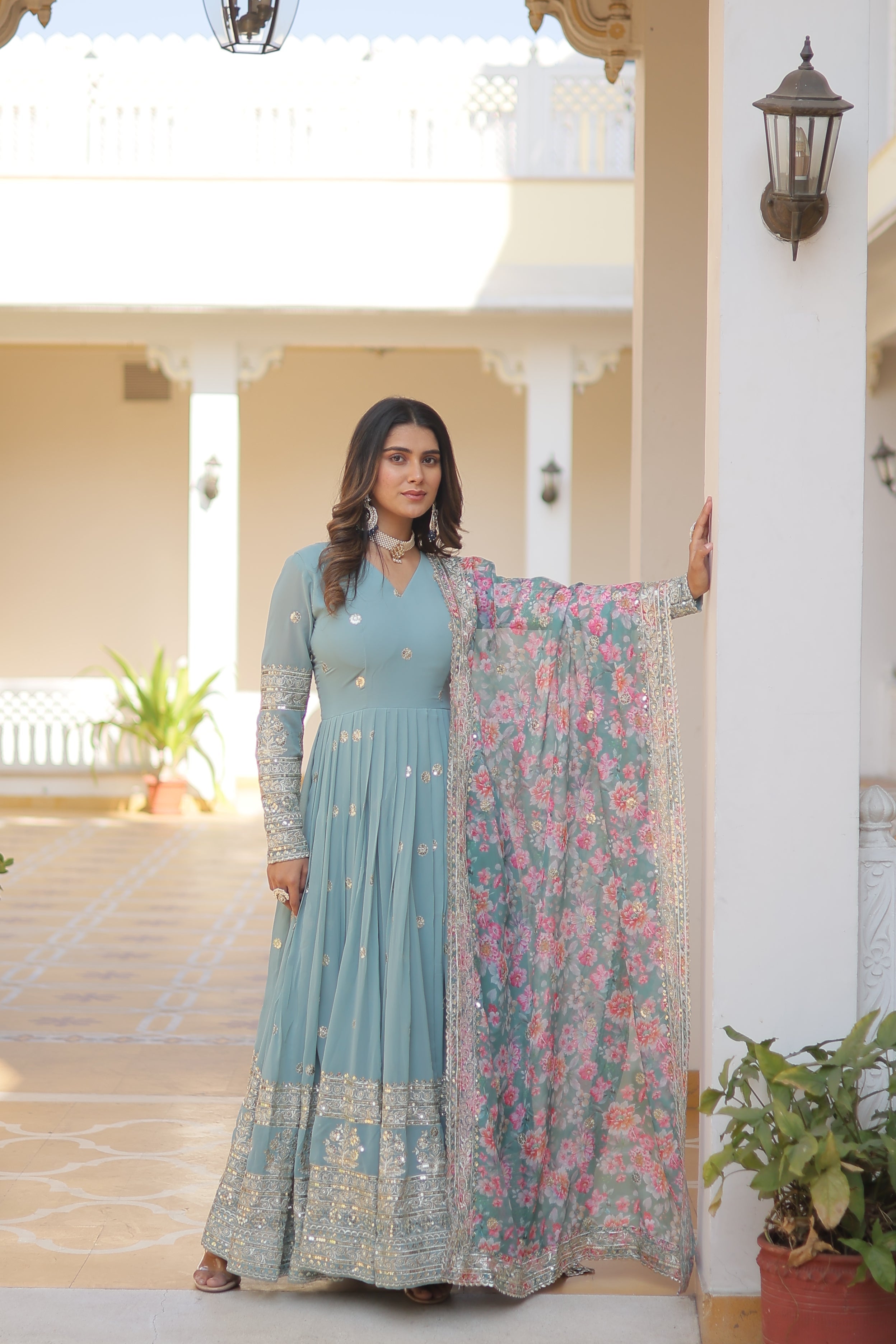 Faux Georgette Designer Sky Color Wedding Gown With Dupatta