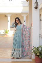 Faux Georgette Designer Sky Color Wedding Gown With Dupatta