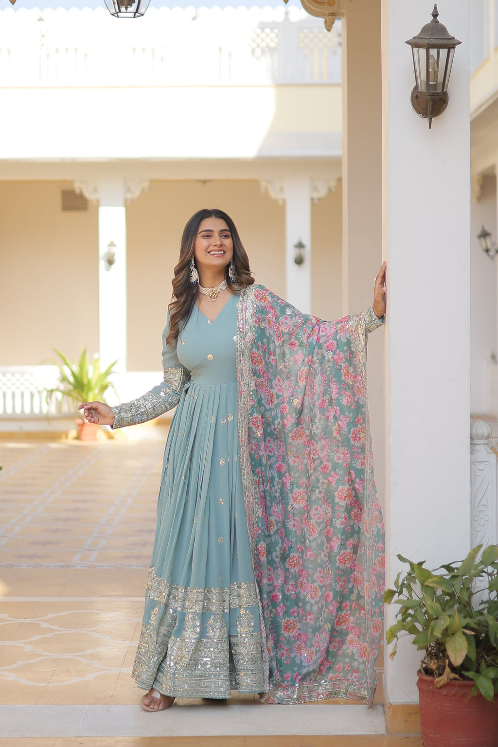Faux Georgette Designer Sky Color Wedding Gown With Dupatta