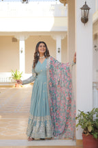 Faux Georgette Designer Sky Color Wedding Gown With Dupatta
