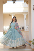 Faux Georgette Designer Sky Color Wedding Gown With Dupatta