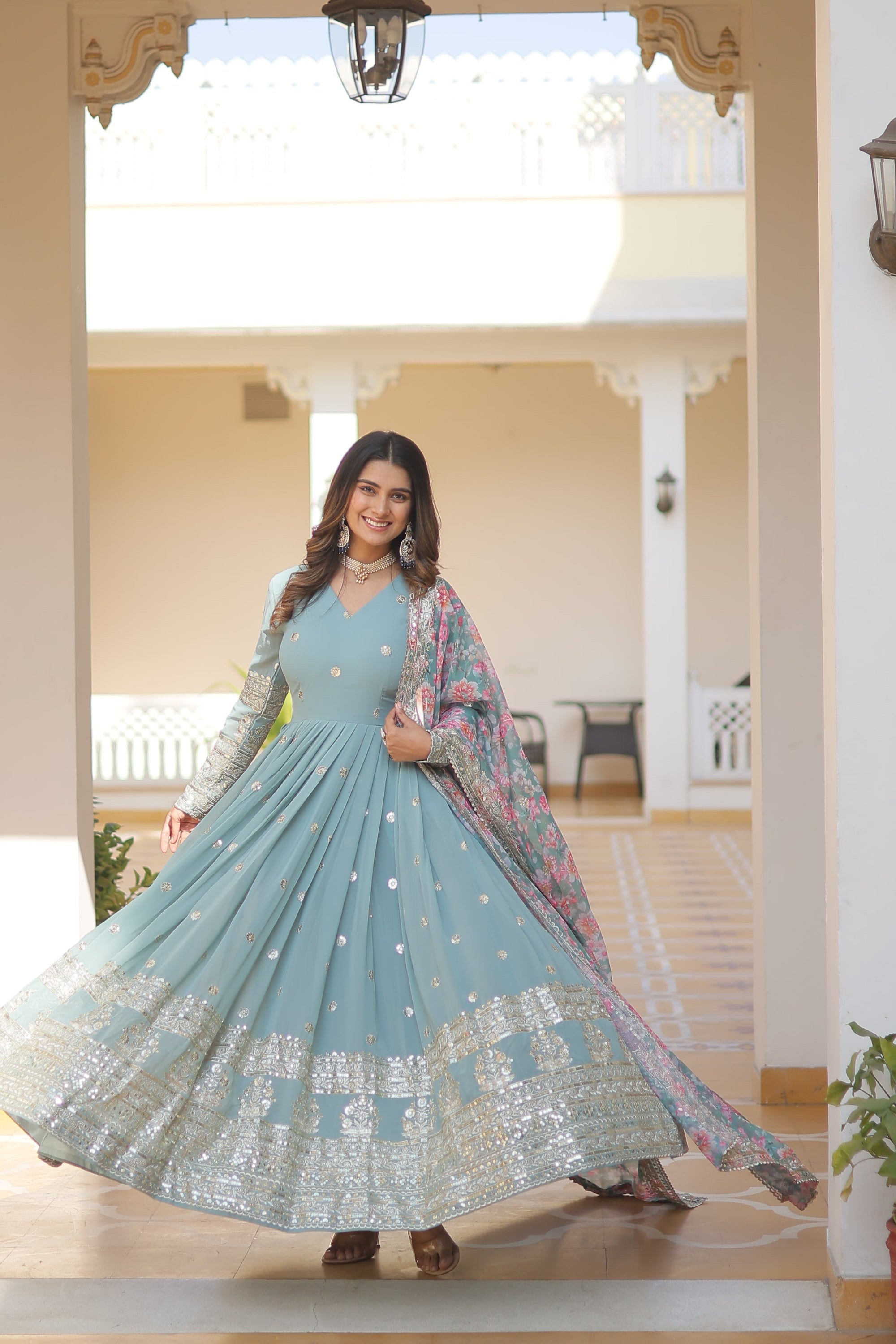 Faux Georgette Designer Sky Color Wedding Gown With Dupatta