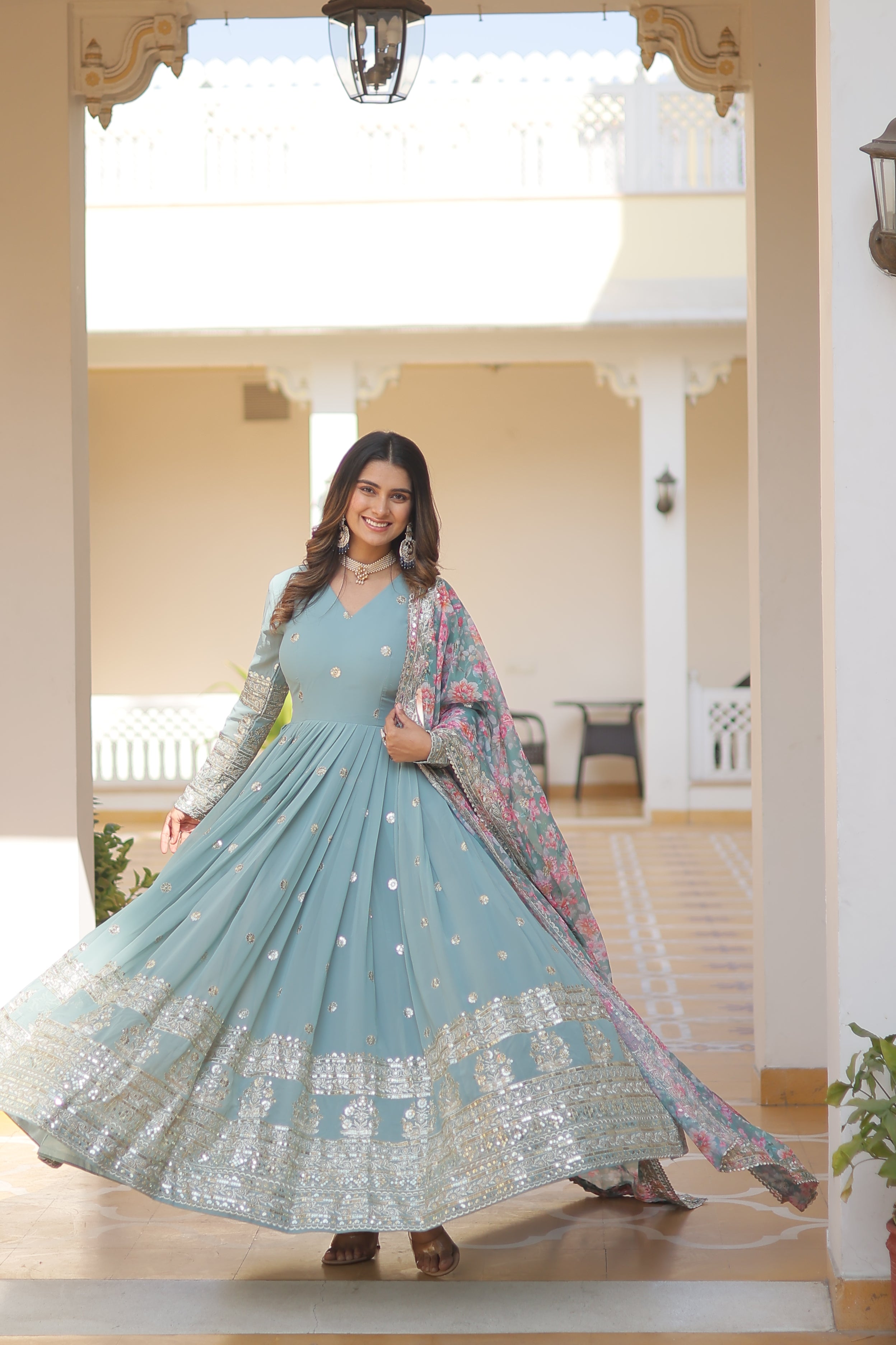 Faux Georgette Designer Sky Color Wedding Gown With Dupatta