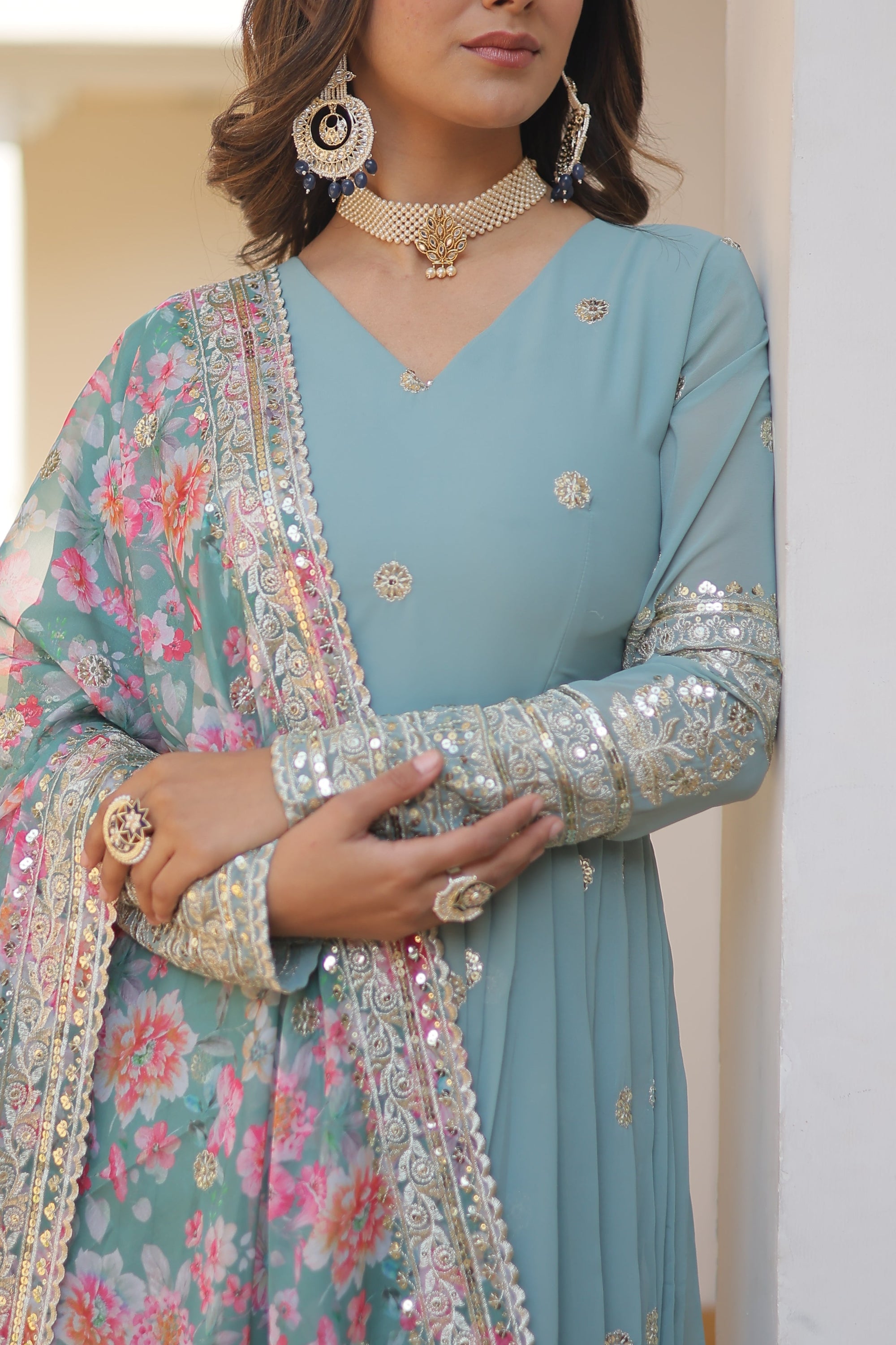 Faux Georgette Designer Sky Color Wedding Gown With Dupatta