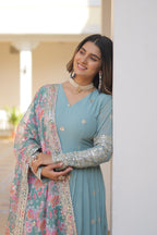 Faux Georgette Designer Sky Color Wedding Gown With Dupatta