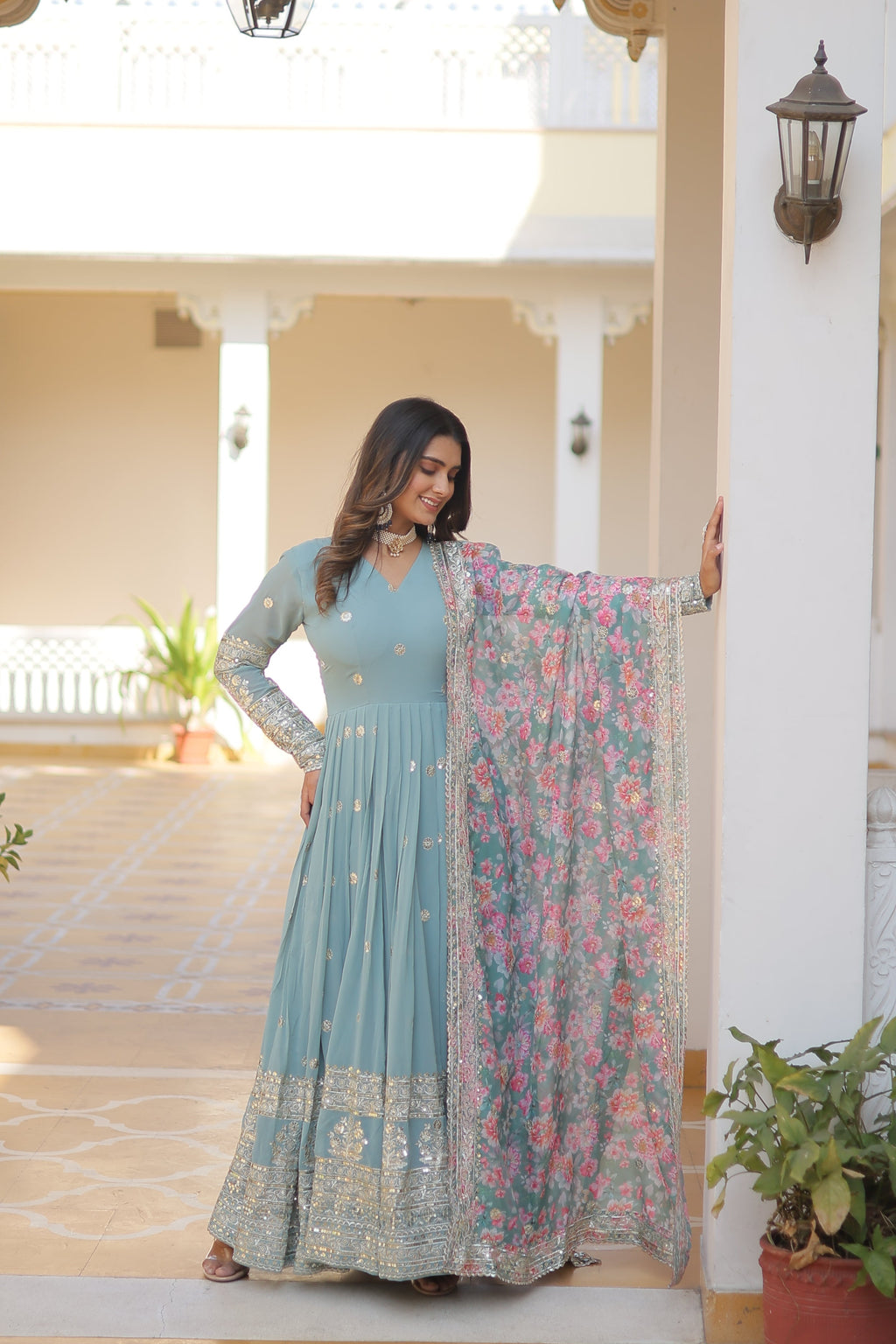 Faux Georgette Designer Sky Color Wedding Gown With Dupatta