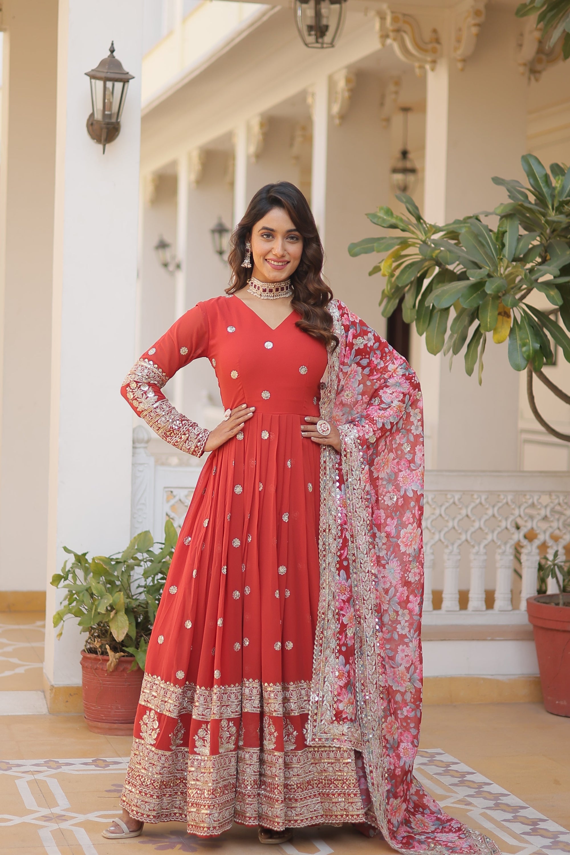 Faux Georgette Designer Orange Color Wedding Gown With Dupatta