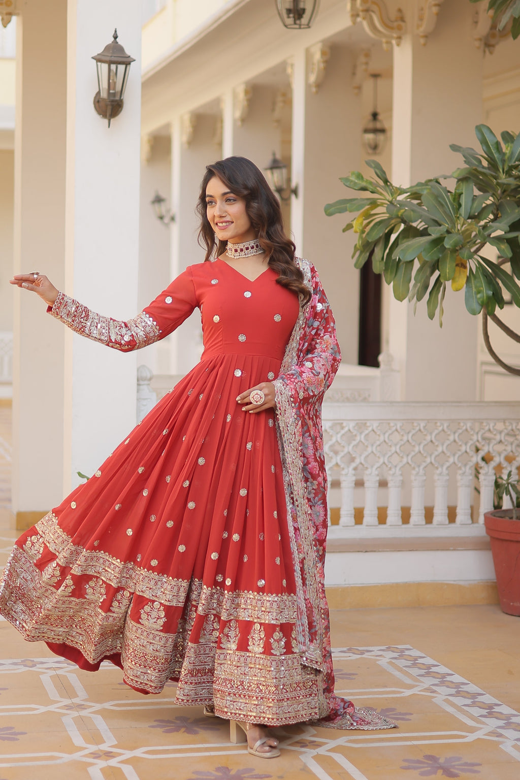 Faux Georgette Designer Orange Color Wedding Gown With Dupatta