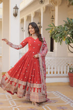 Faux Georgette Designer Orange Color Wedding Gown With Dupatta