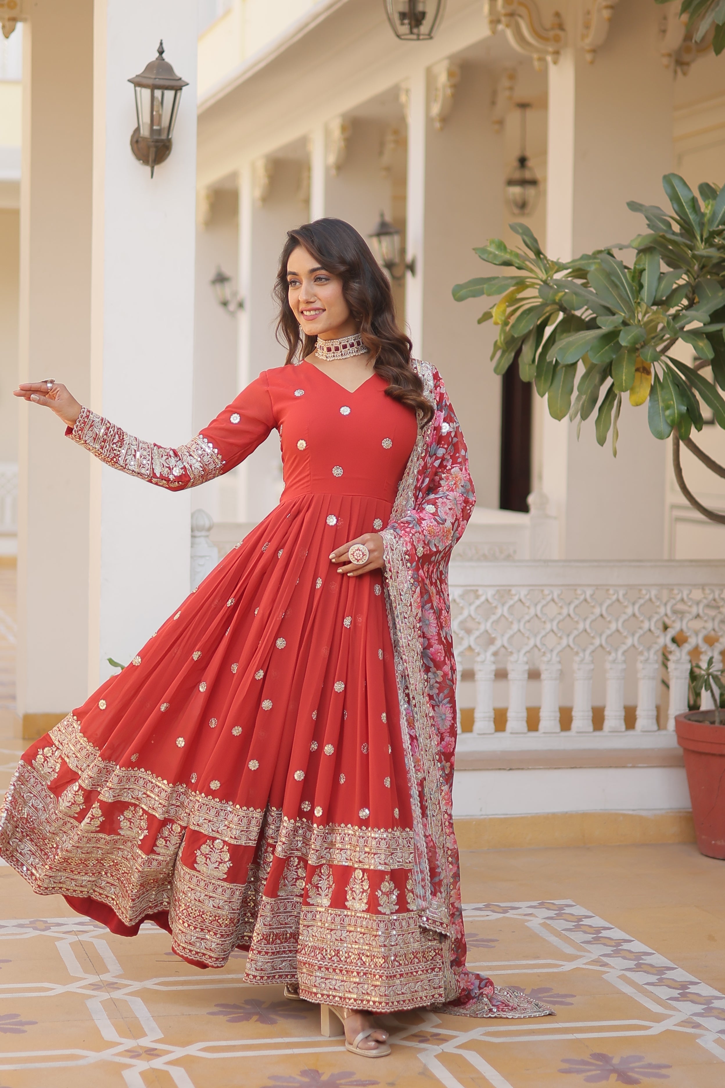 Faux Georgette Designer Orange Color Wedding Gown With Dupatta