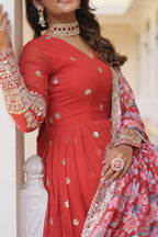 Faux Georgette Designer Orange Color Wedding Gown With Dupatta