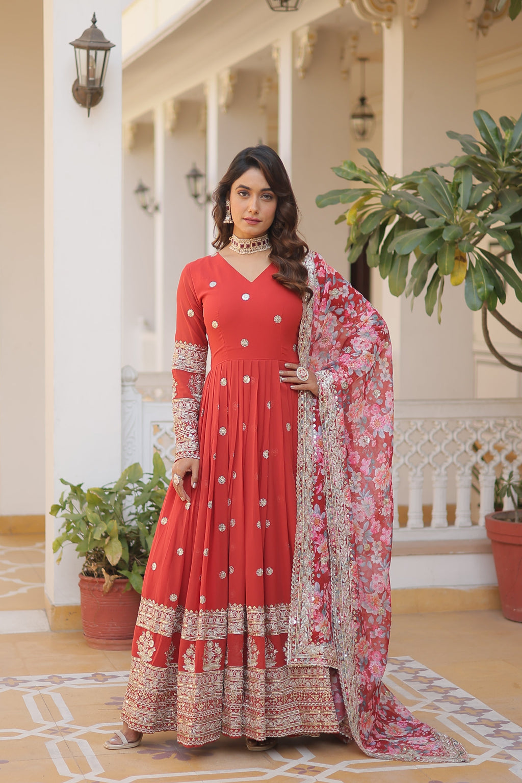 Faux Georgette Designer Orange Color Wedding Gown With Dupatta