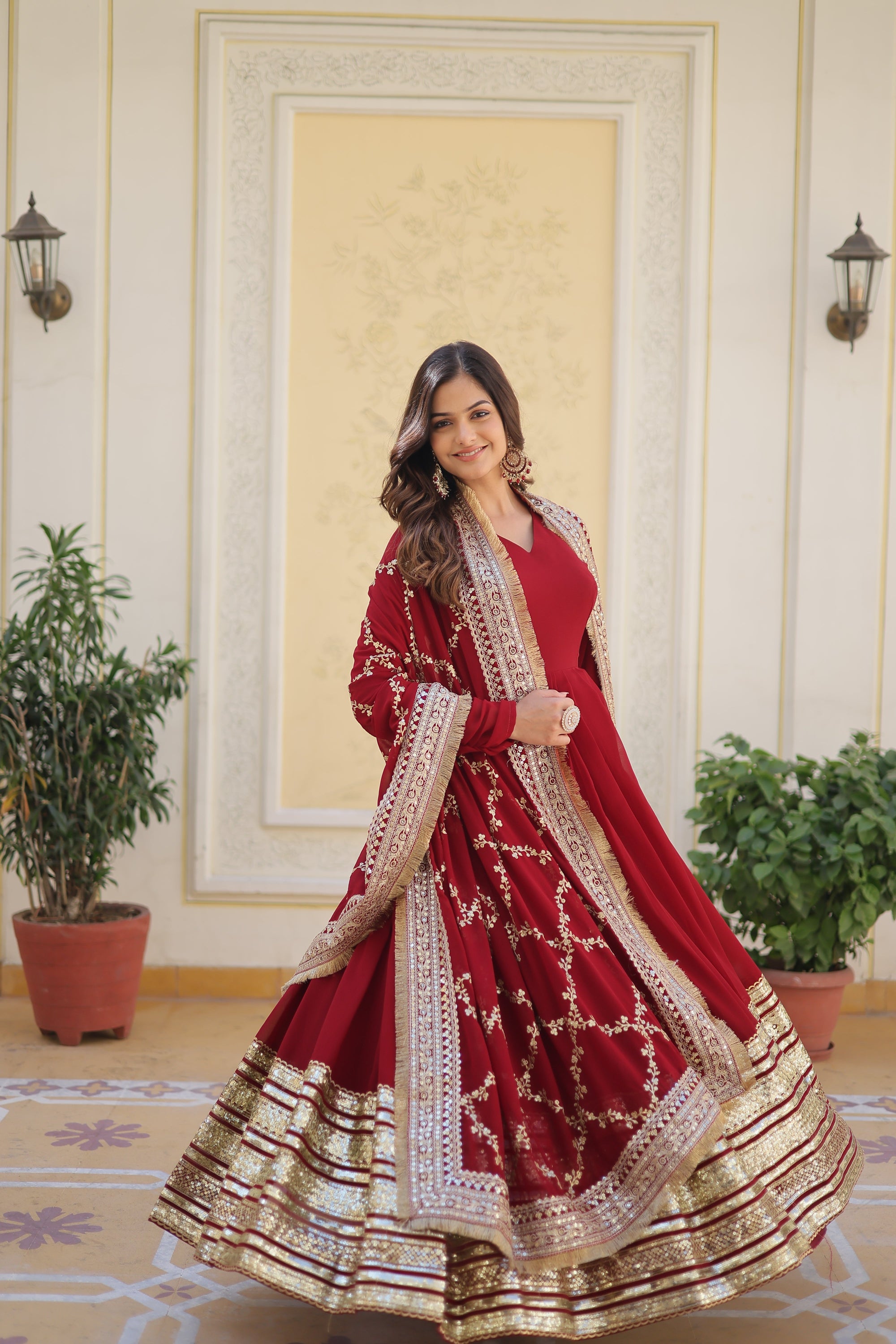Women Partywear Embellished Gown Dress with Dupatta