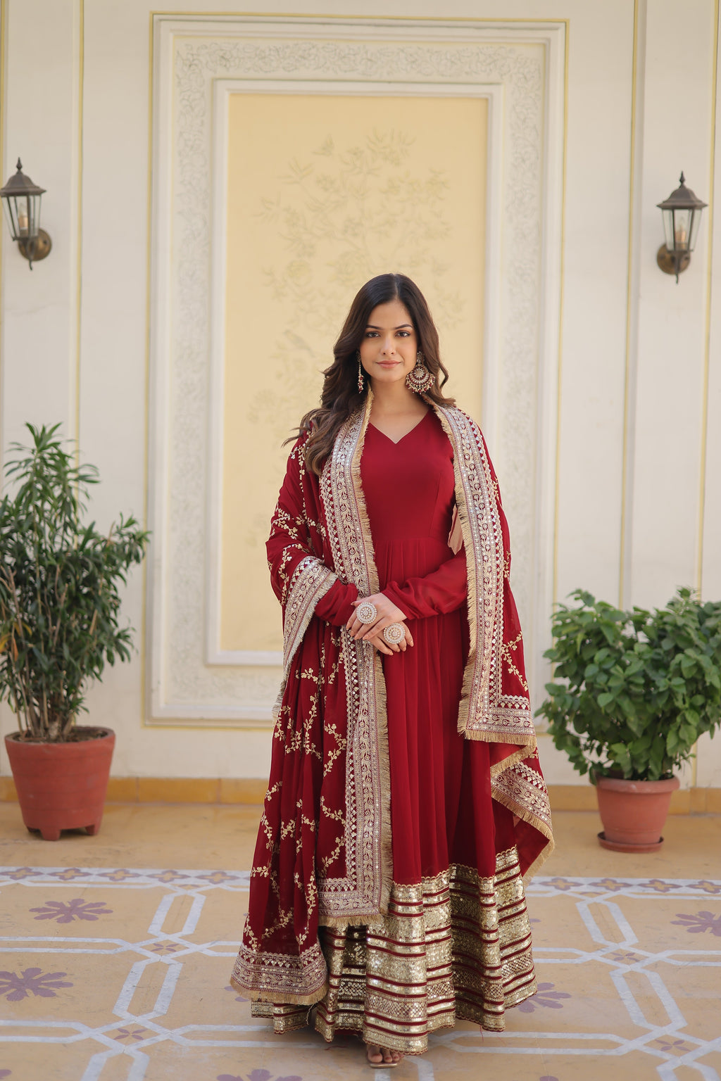Women Partywear Embellished Gown Dress with Dupatta