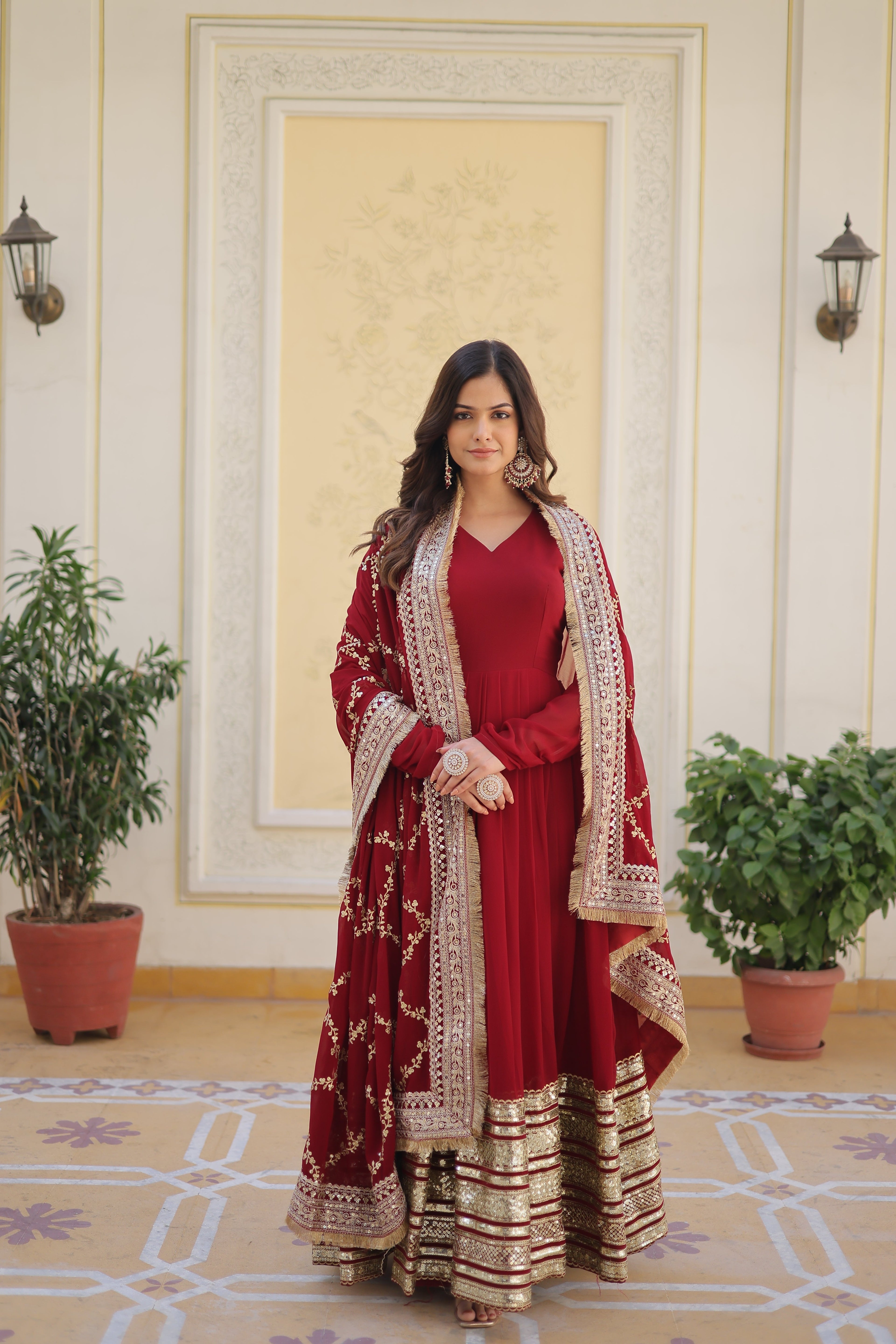 Women Partywear Embellished Gown Dress with Dupatta