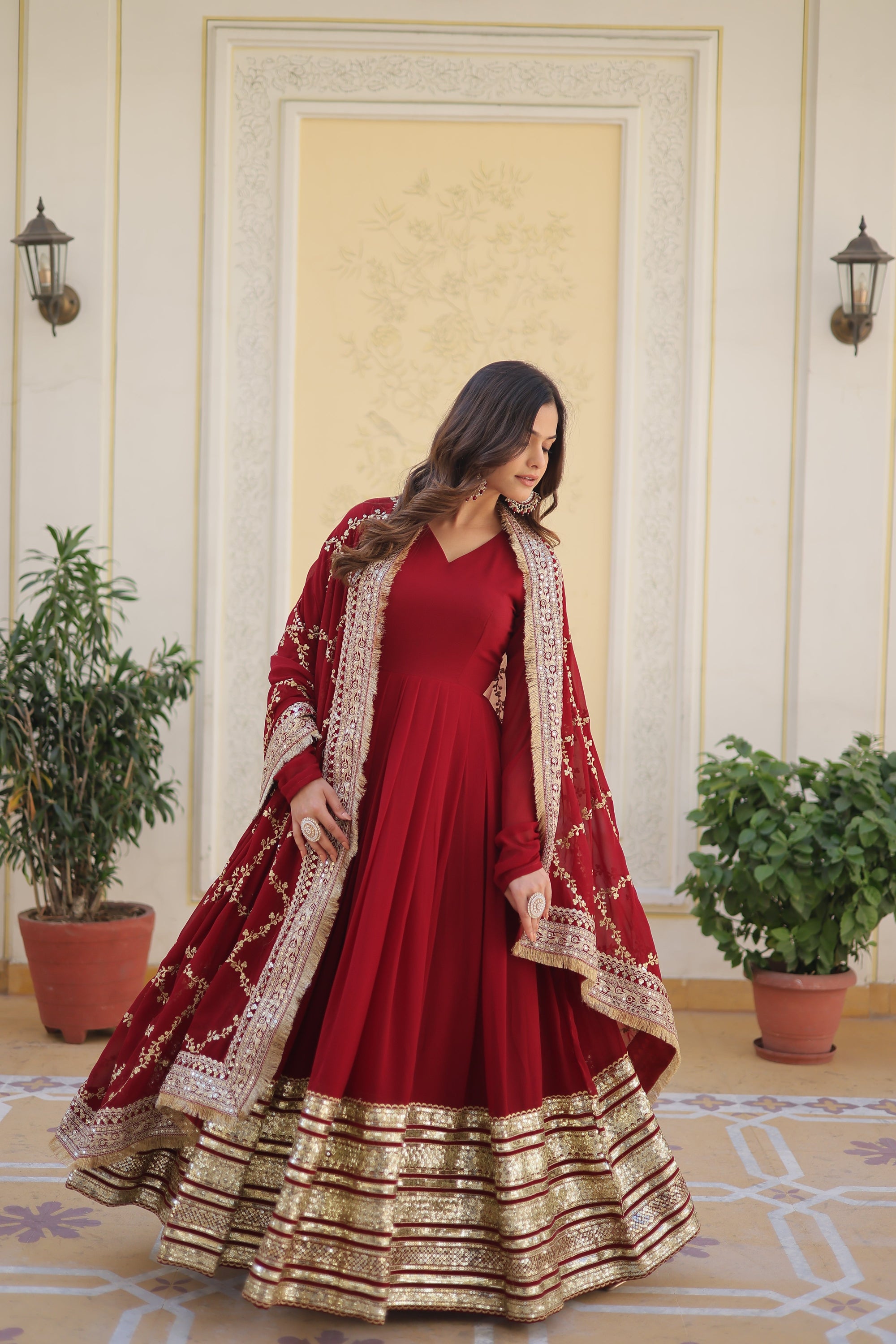 Women Partywear Embellished Gown Dress with Dupatta