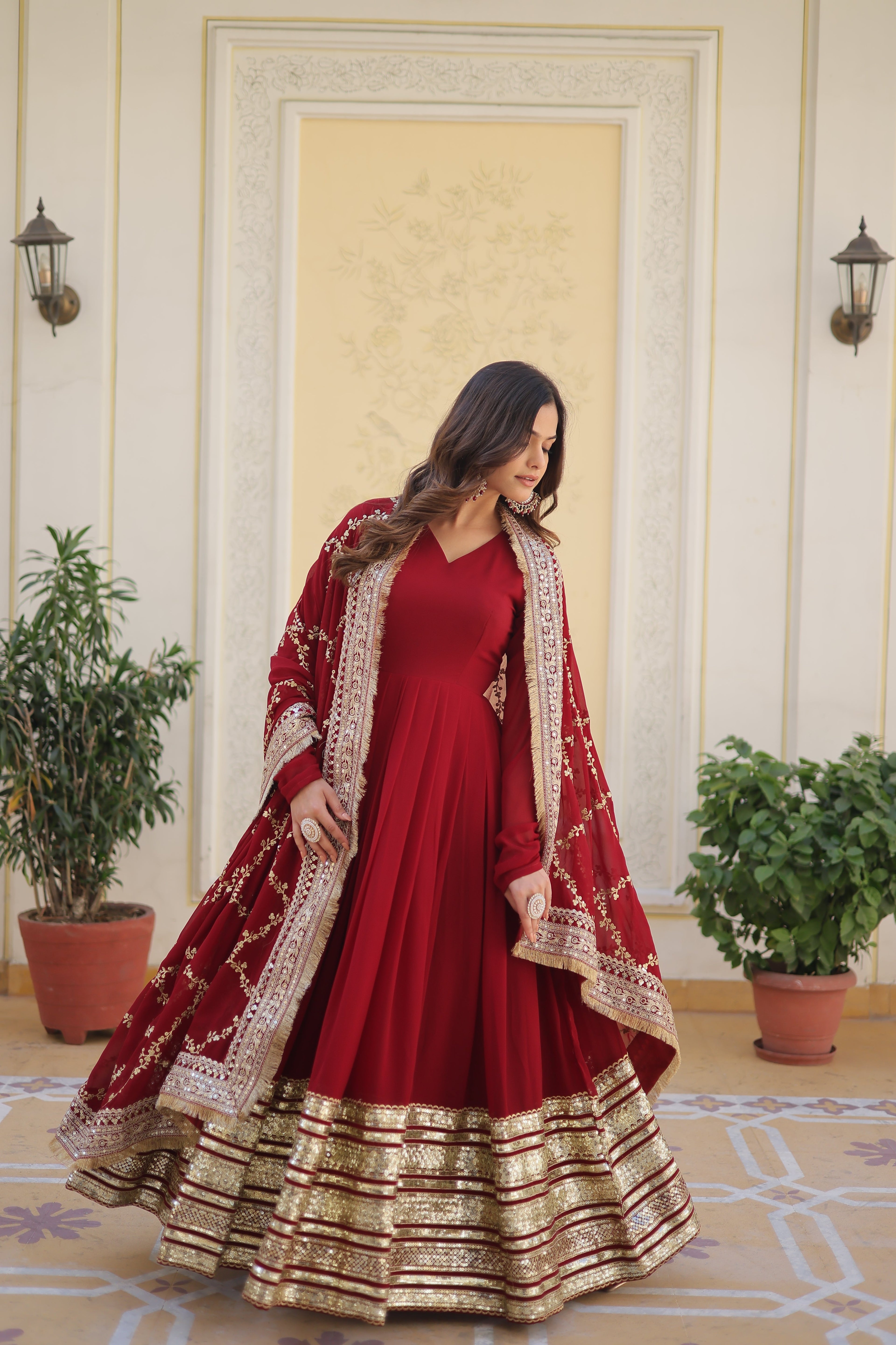 Women Partywear Embellished Gown Dress with Dupatta