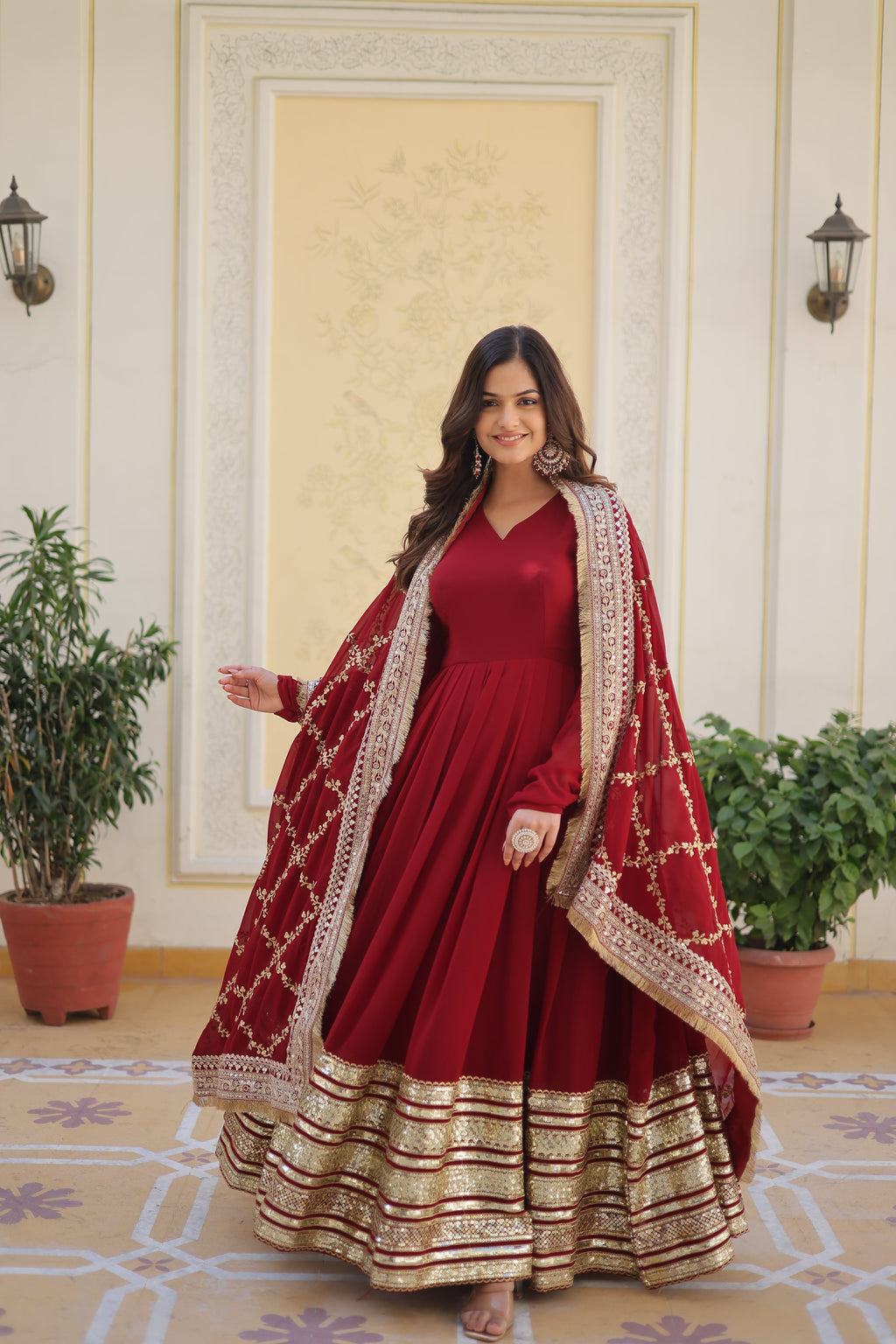 Women Partywear Embellished Gown Dress with Dupatta