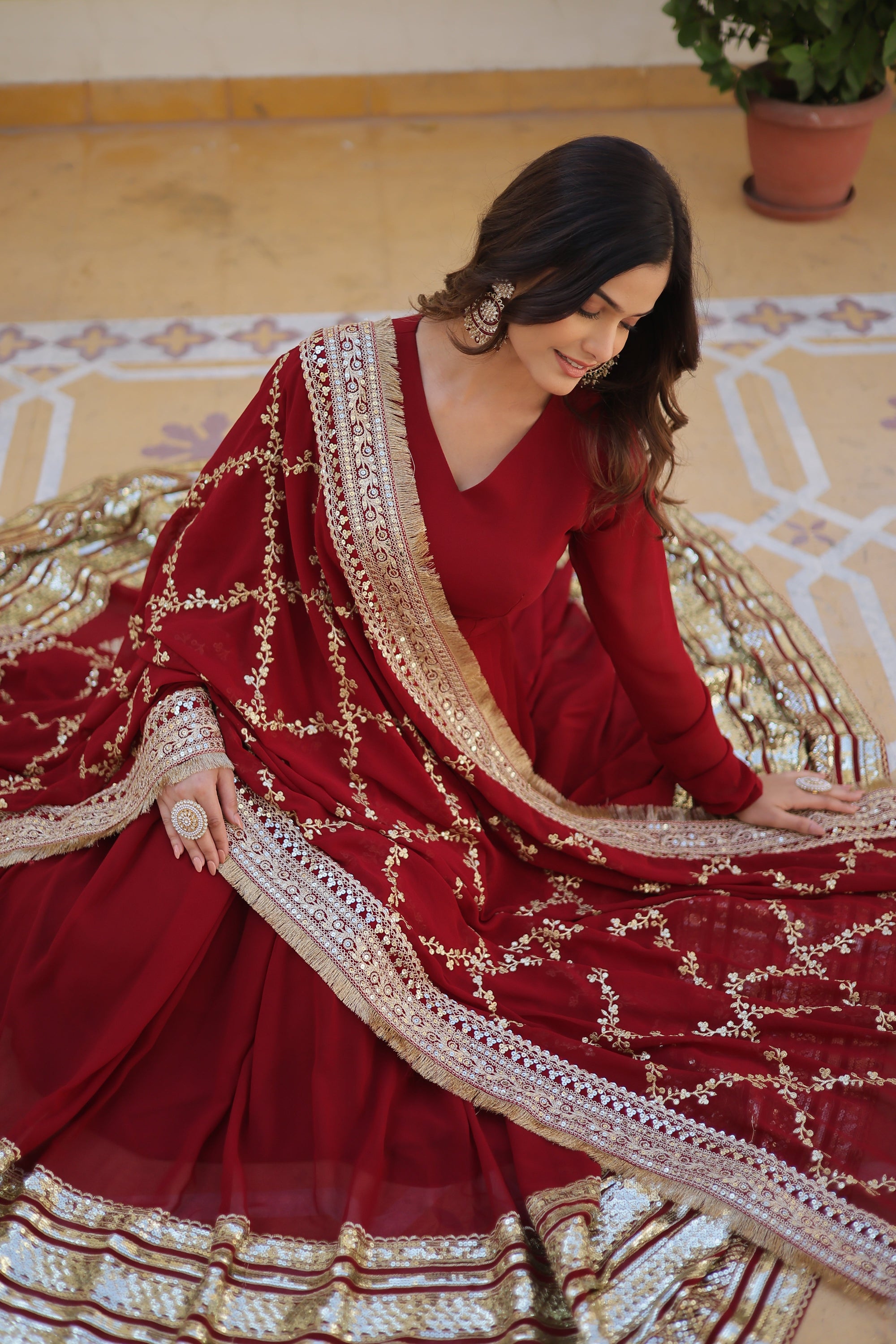 Women Partywear Embellished Gown Dress with Dupatta