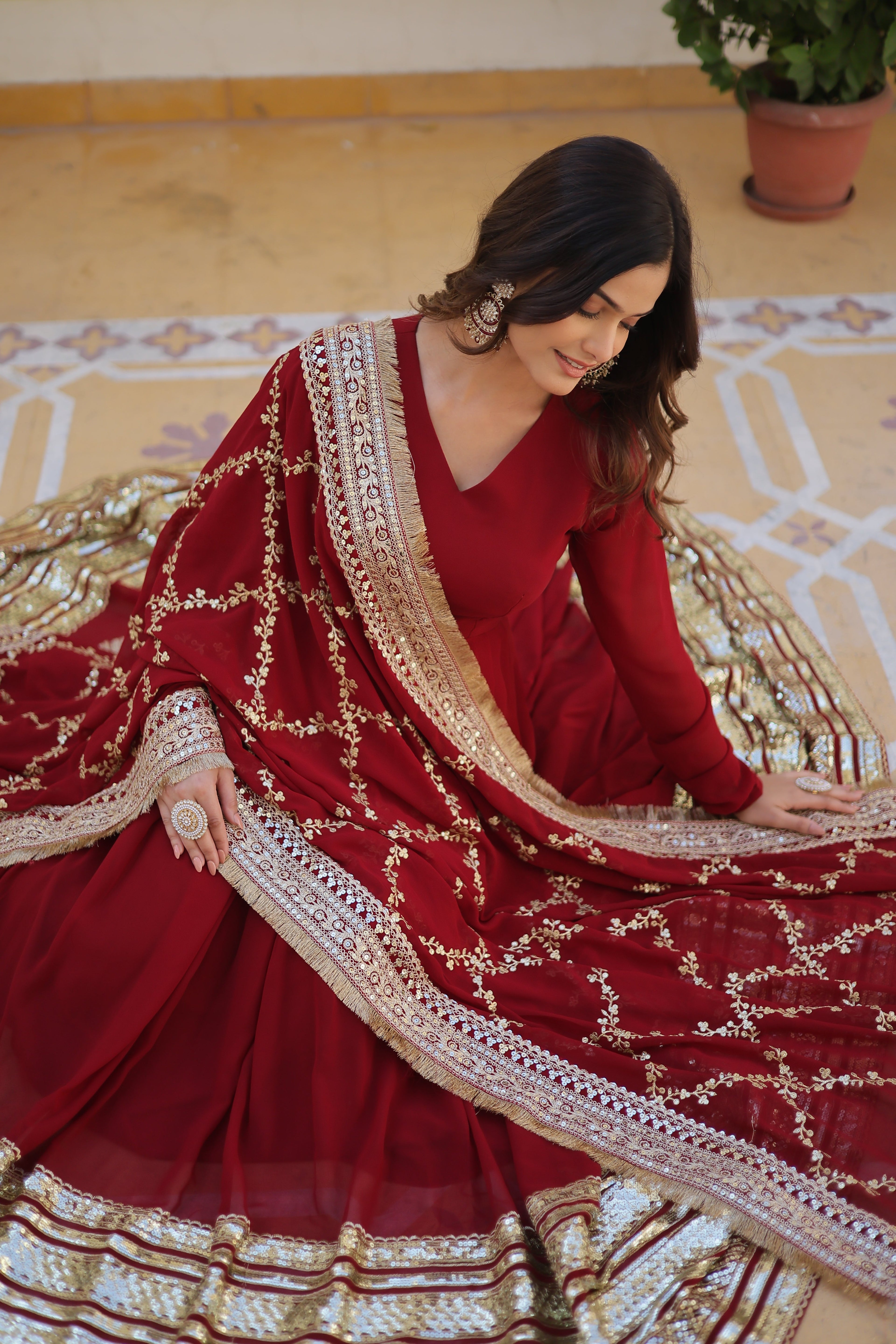 Women Partywear Embellished Gown Dress with Dupatta