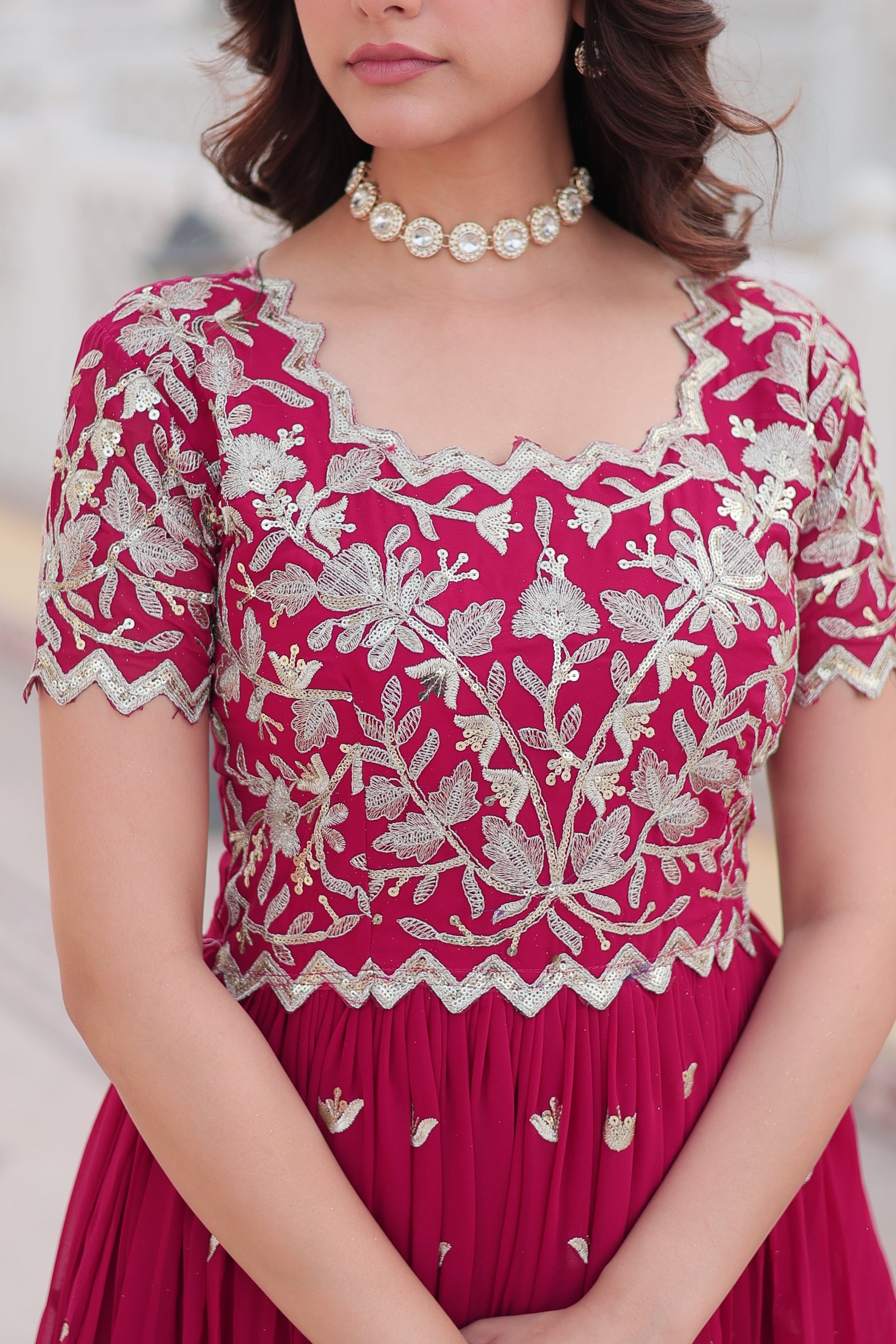 Pink Faux Georgette With Floral Embroidered Sequins Anarkali Gown Party Wear