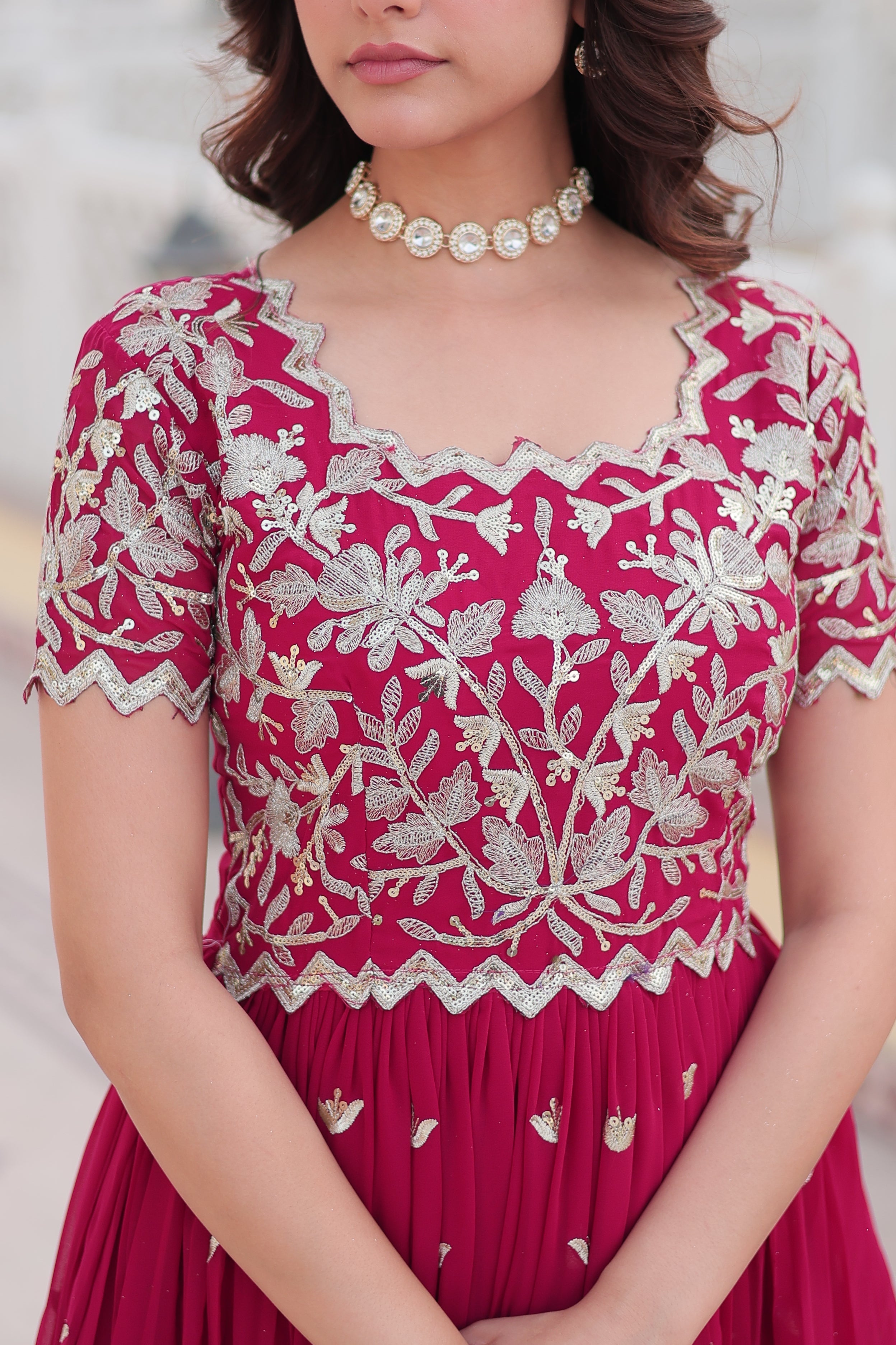 Pink Faux Georgette With Floral Embroidered Sequins Anarkali Gown Party Wear