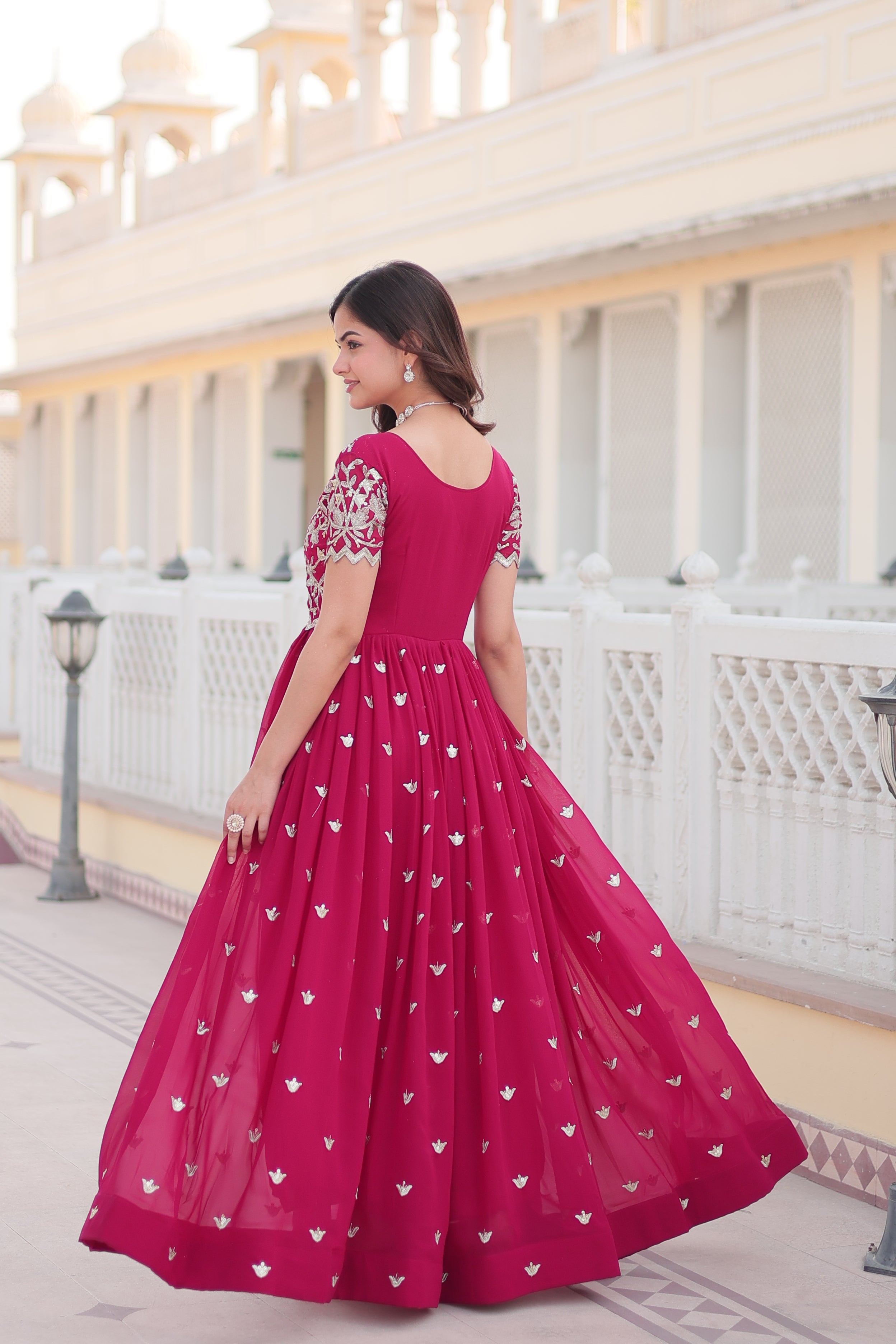 Pink Faux Georgette With Floral Embroidered Sequins Anarkali Gown Party Wear