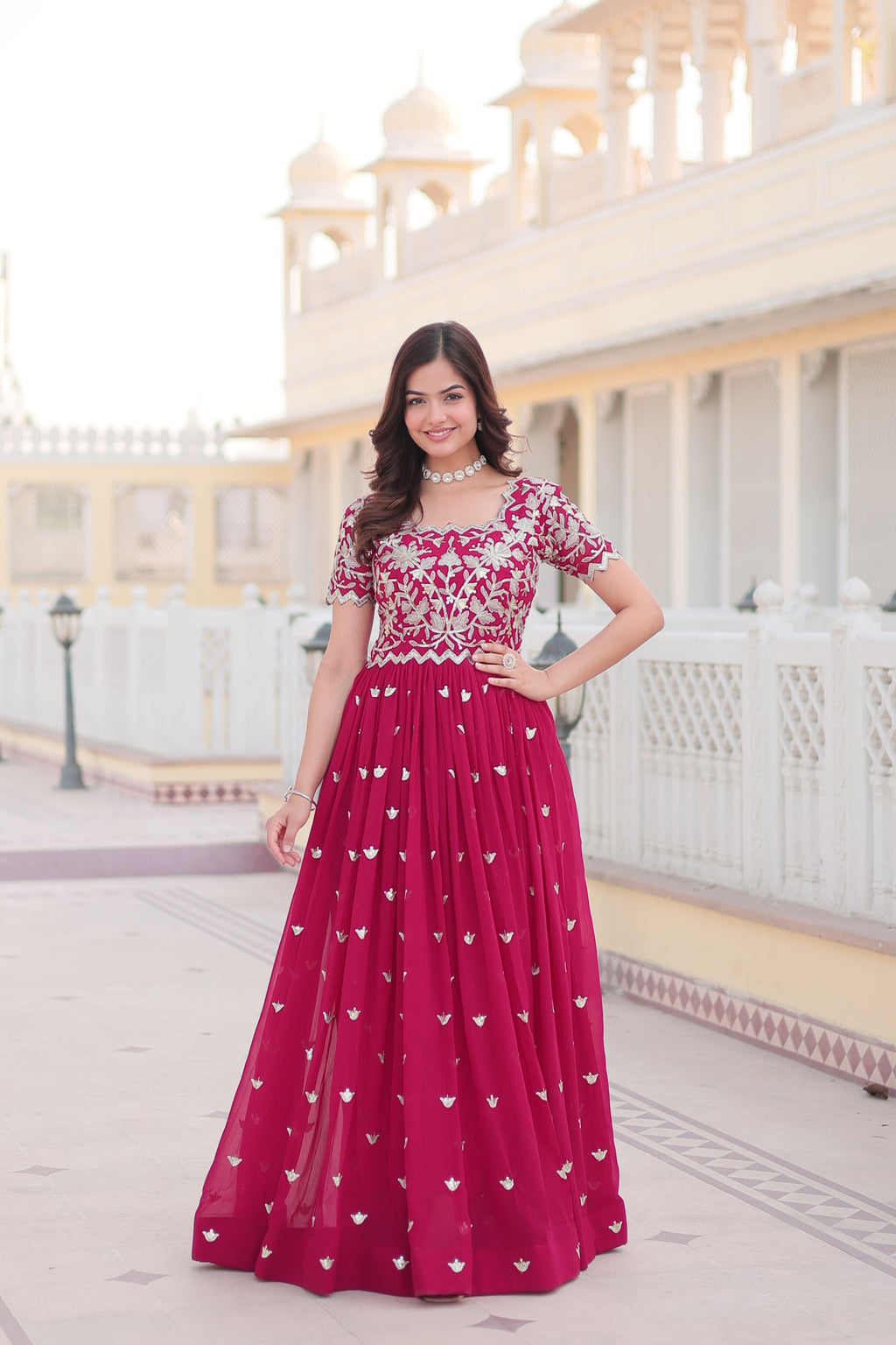 Pink Faux Georgette With Floral Embroidered Sequins Anarkali Gown Party Wear