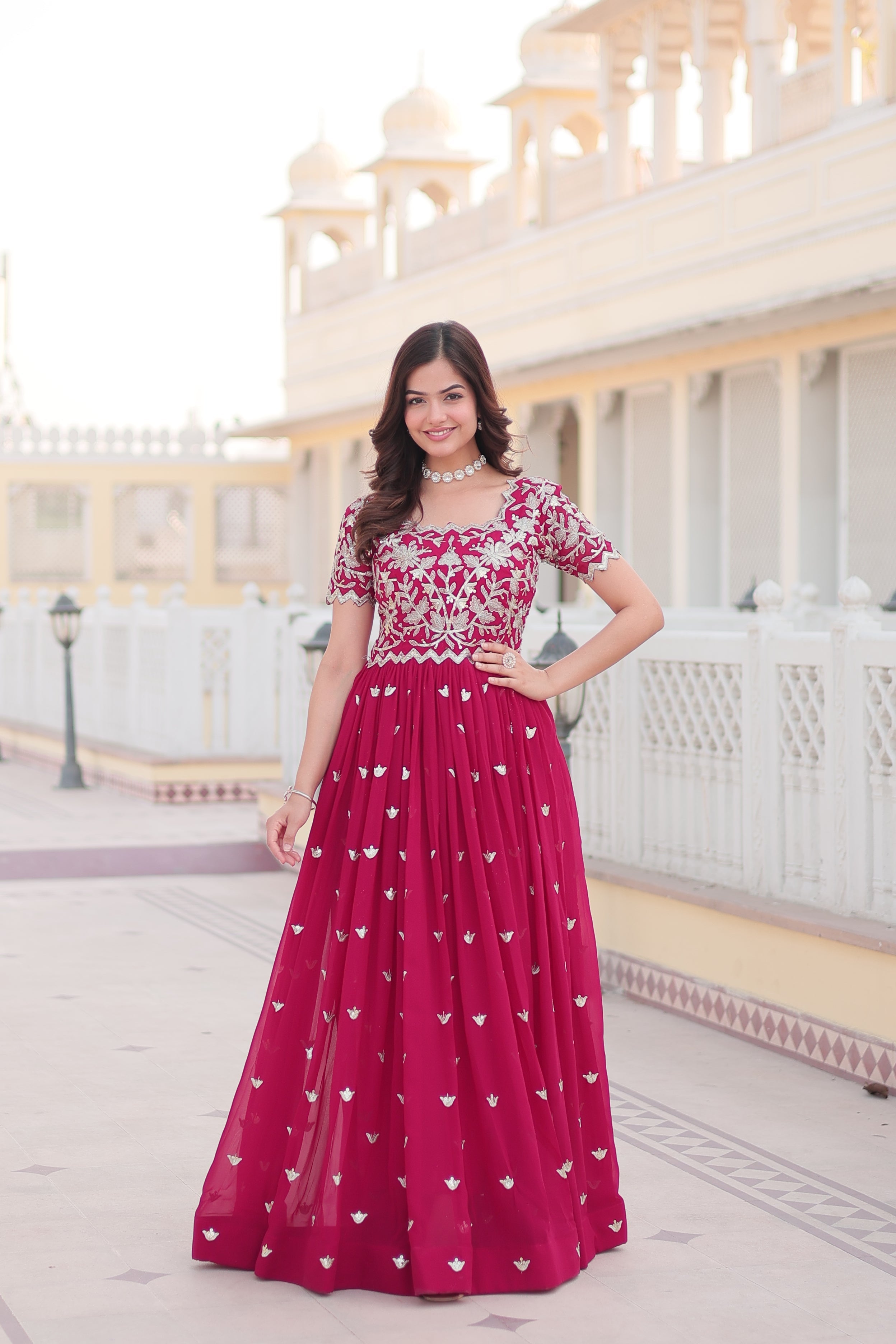 Pink Faux Georgette With Floral Embroidered Sequins Anarkali Gown Party Wear
