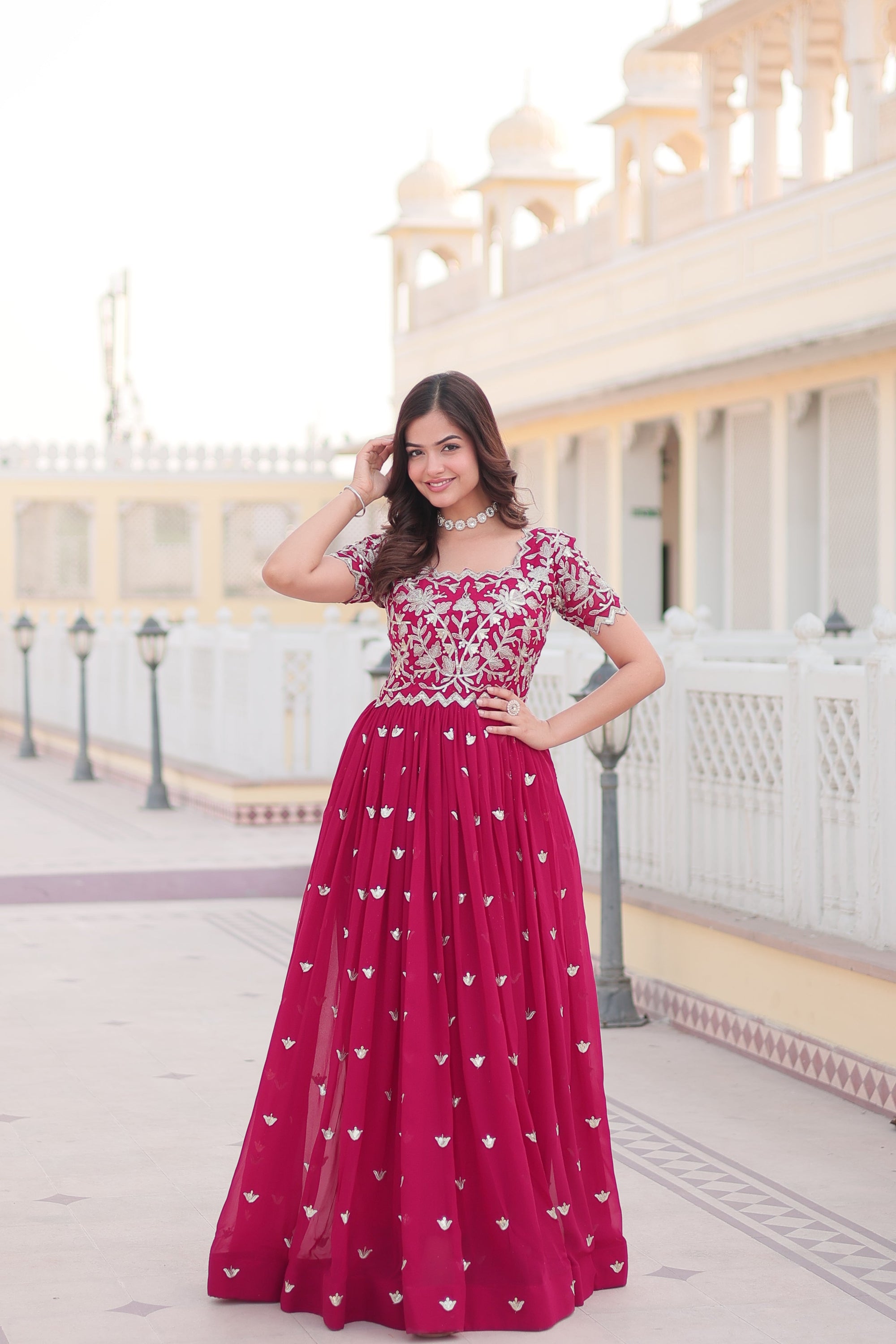 Pink Faux Georgette With Floral Embroidered Sequins Anarkali Gown Party Wear