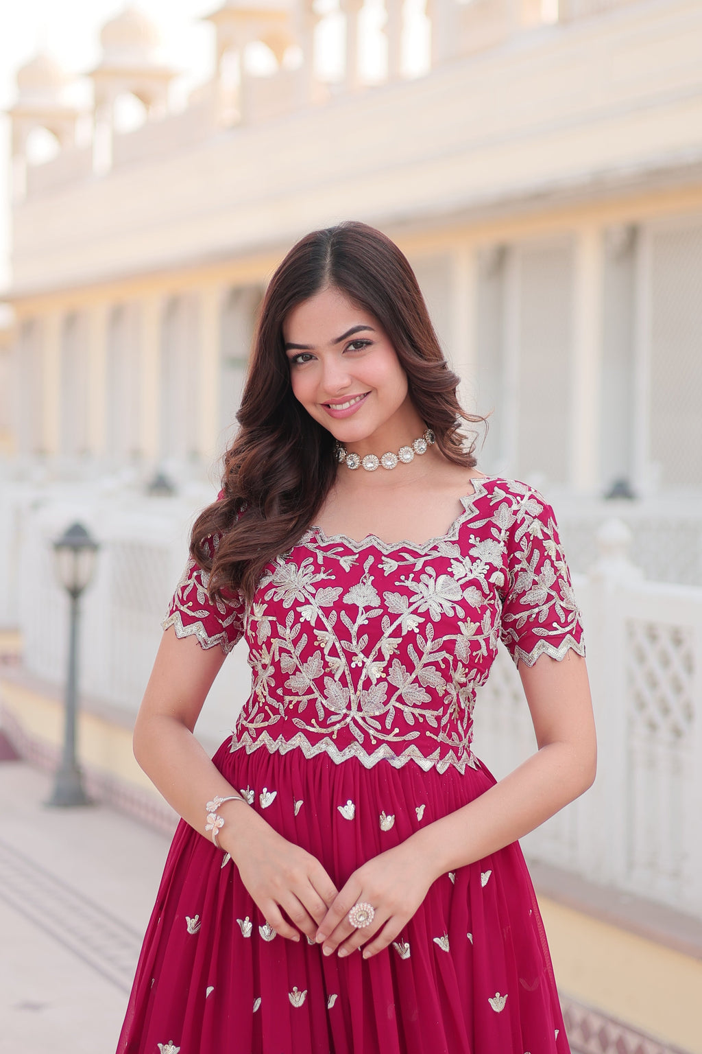 Pink Faux Georgette With Floral Embroidered Sequins Anarkali Gown Party Wear
