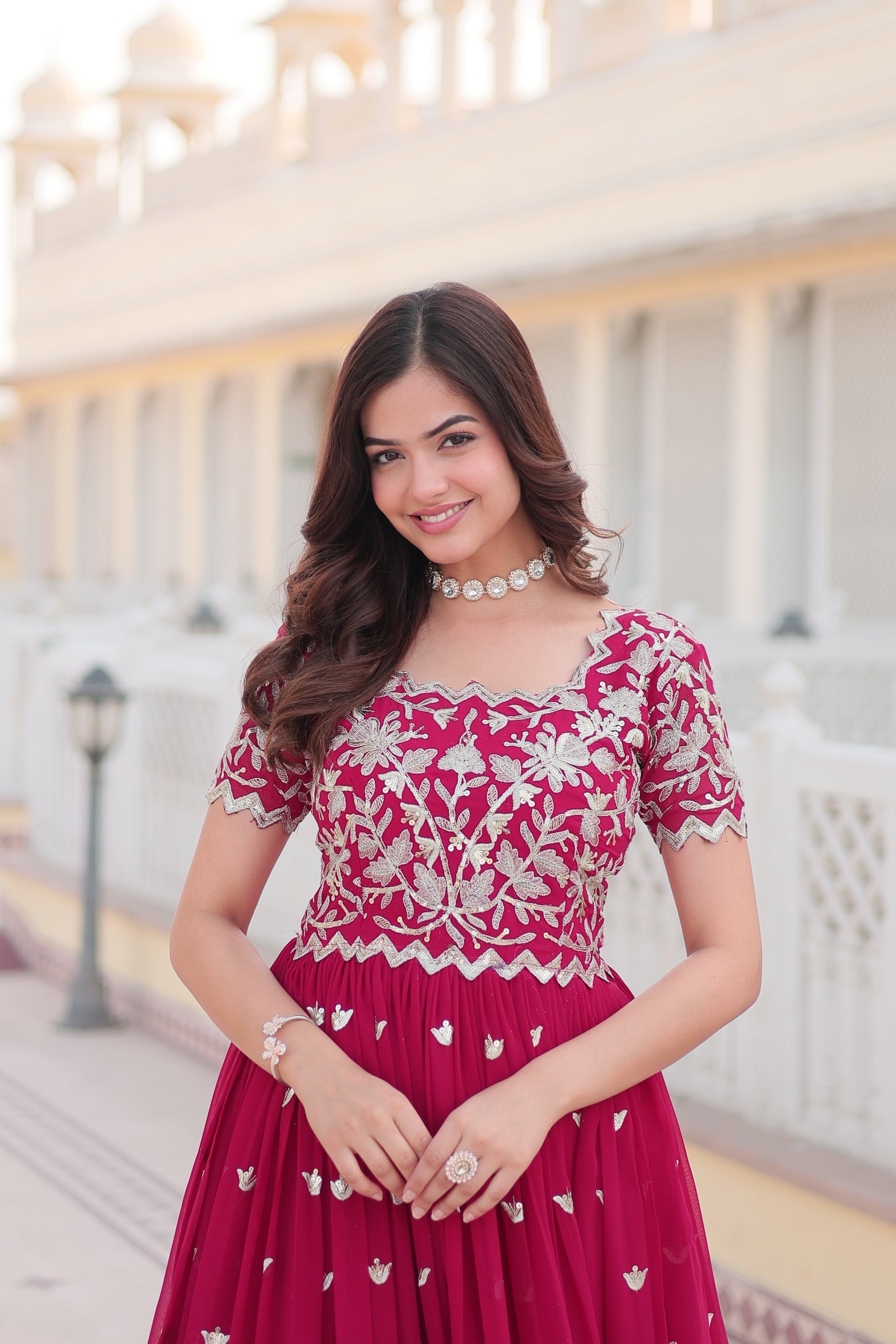Pink Faux Georgette With Floral Embroidered Sequins Anarkali Gown Party Wear