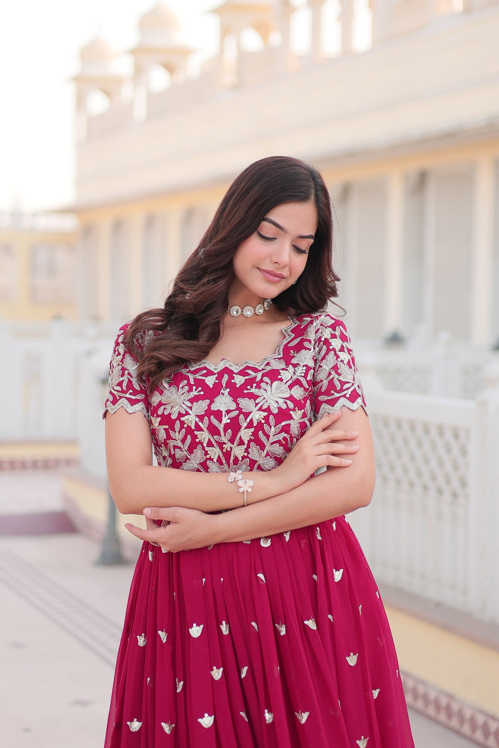 Pink Faux Georgette With Floral Embroidered Sequins Anarkali Gown Party Wear