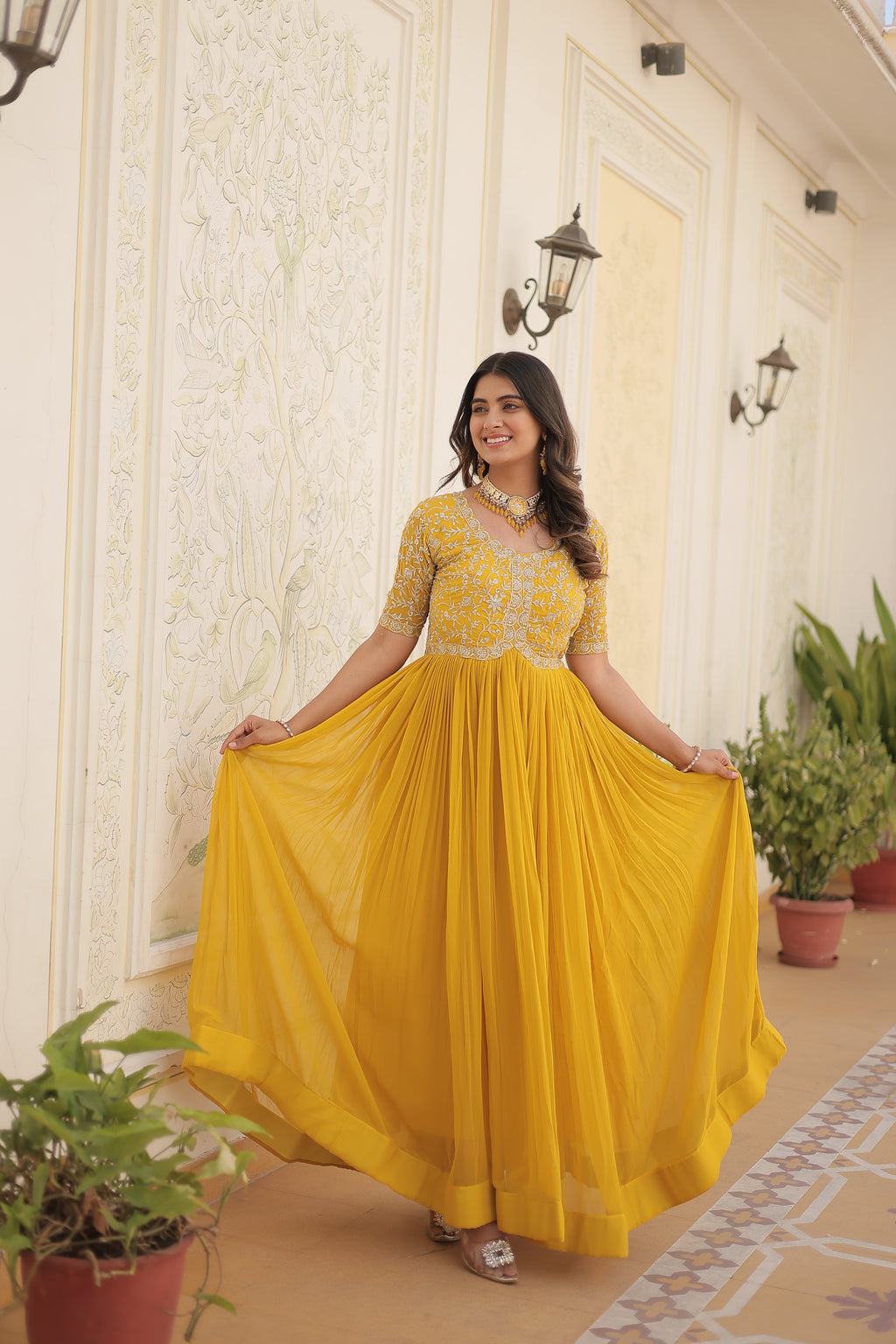 Yellow colour faux georgette trending heavy work fully stitched gown
