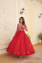 Red colour faux georgette trending heavy work fully stitched gown