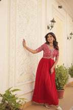 Red colour faux georgette trending heavy work fully stitched gown