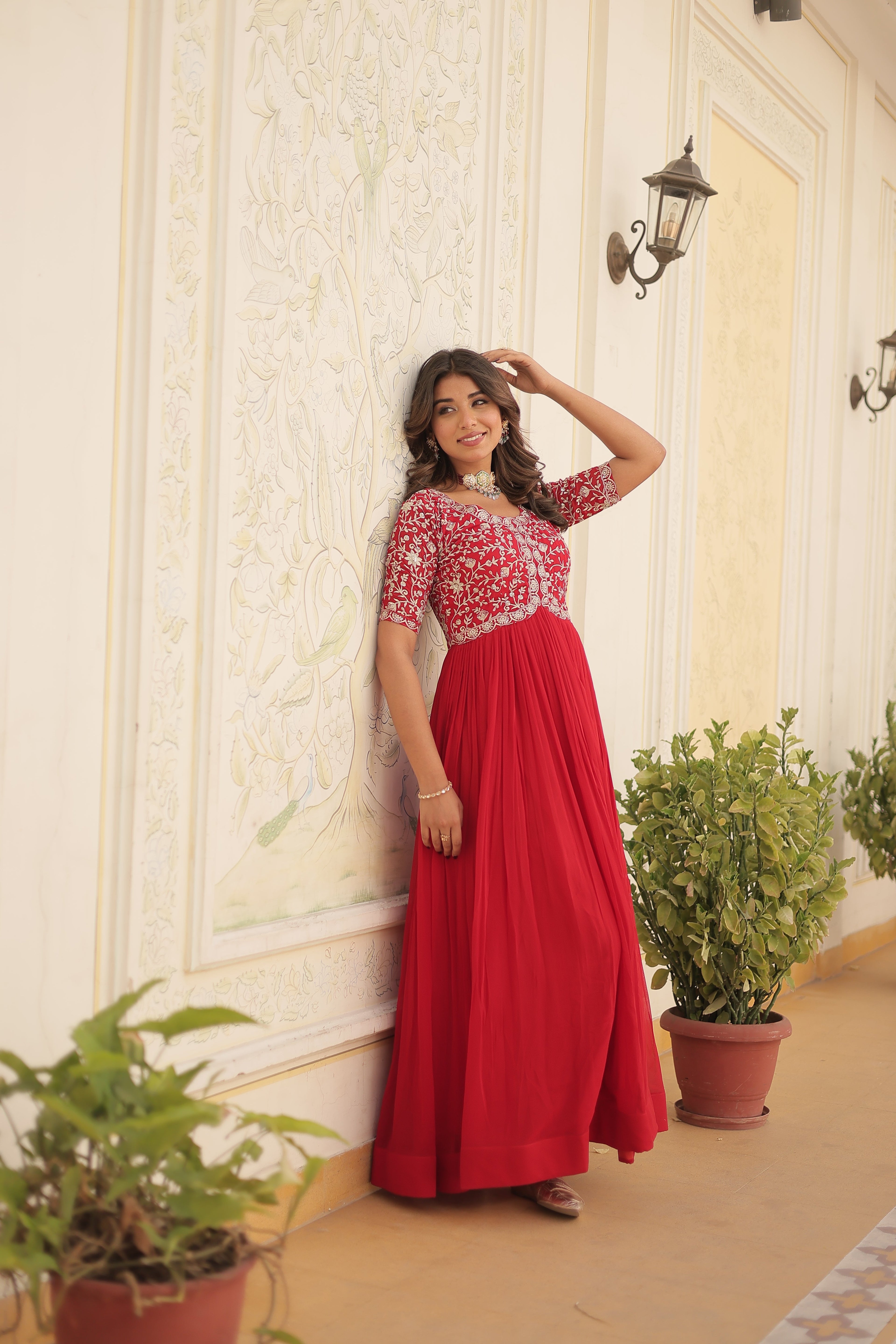 Red colour faux georgette trending heavy work fully stitched gown