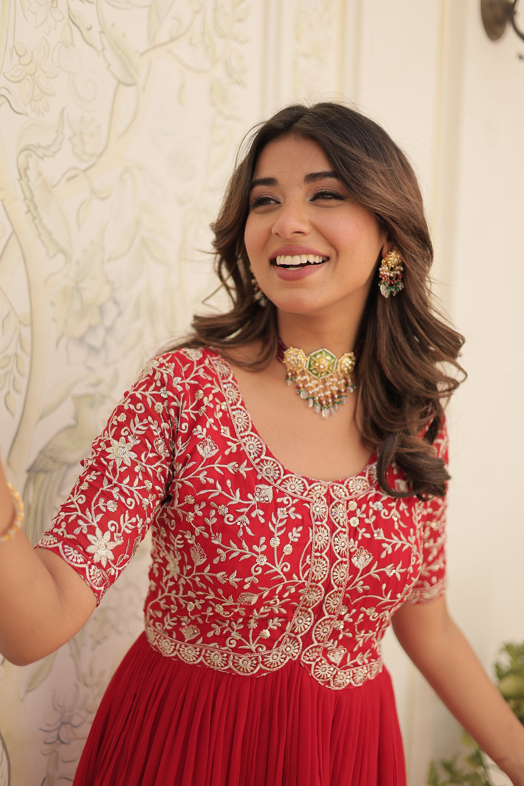 Red colour faux georgette trending heavy work fully stitched gown