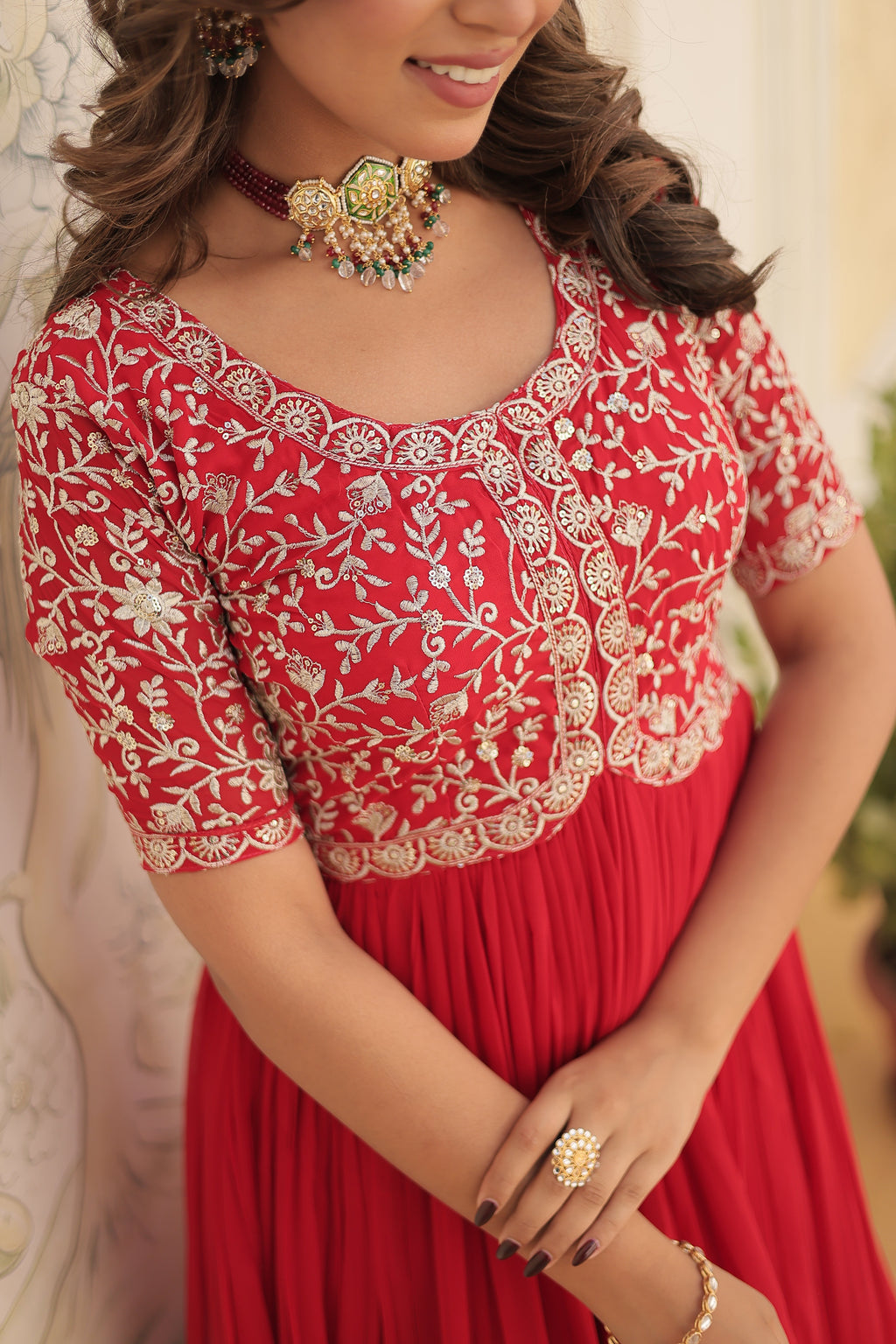 Red colour faux georgette trending heavy work fully stitched gown