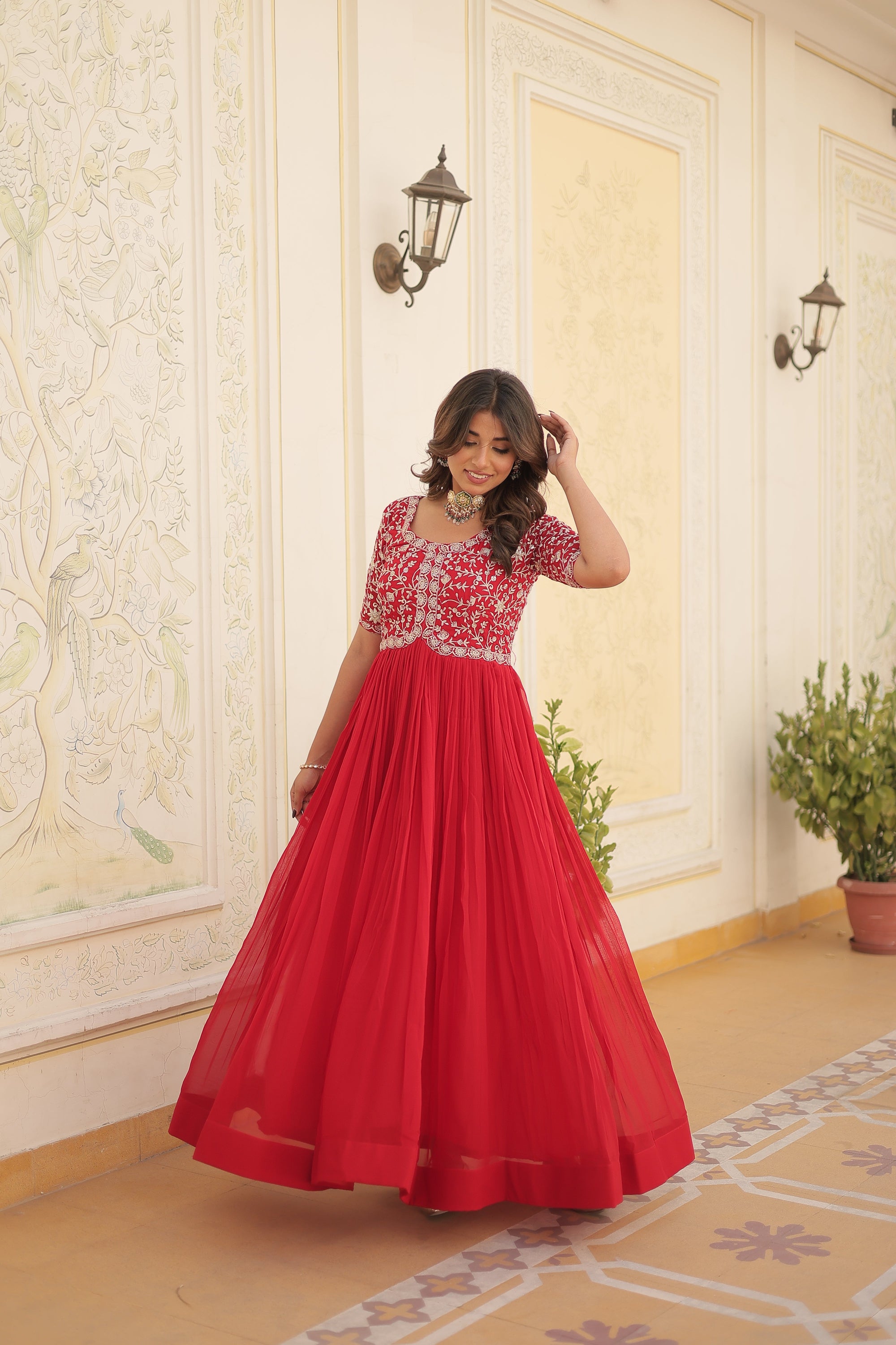 Red colour faux georgette trending heavy work fully stitched gown