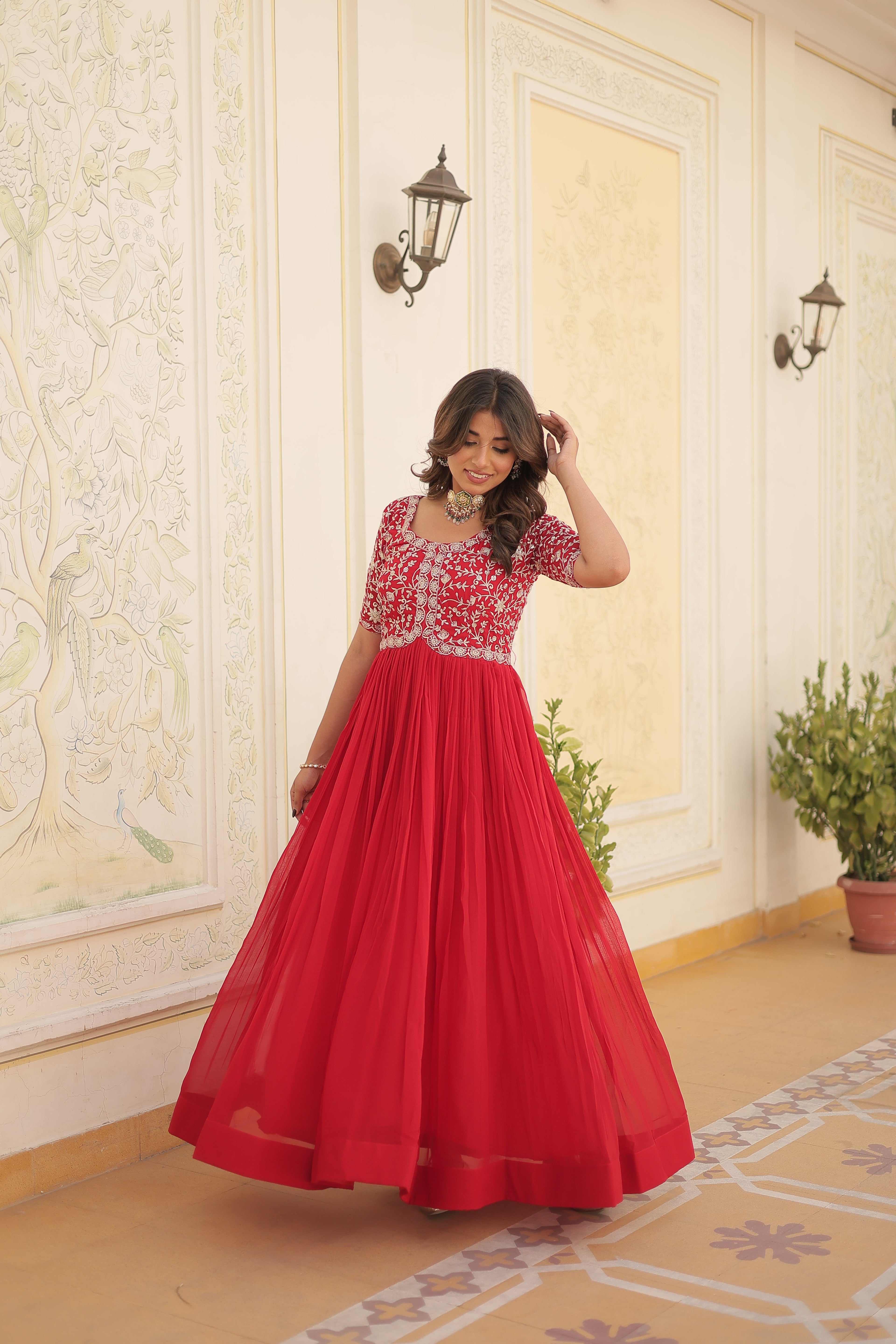 Red colour faux georgette trending heavy work fully stitched gown