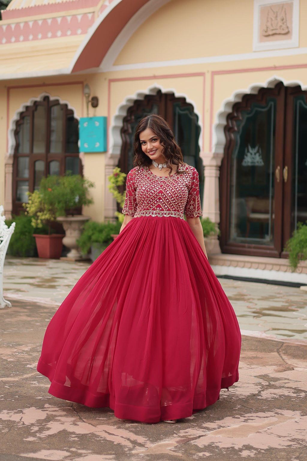 Pink Luxury Faux Blooming Designer Gown with Zari & Sequins Embroidery