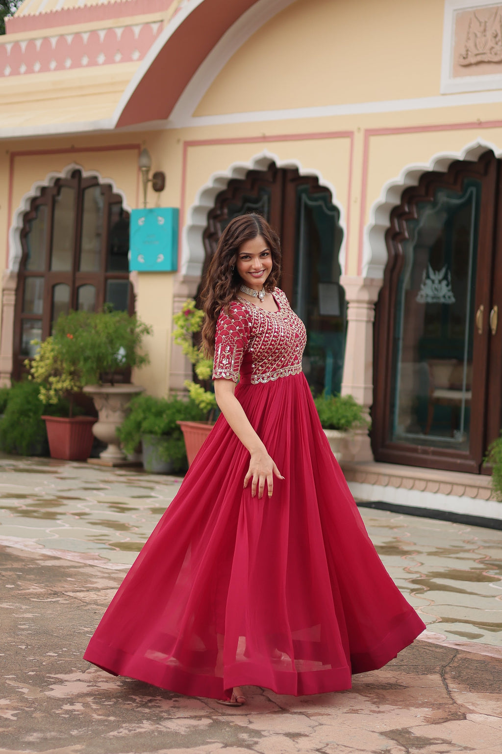 Pink Luxury Faux Blooming Designer Gown with Zari & Sequins Embroidery