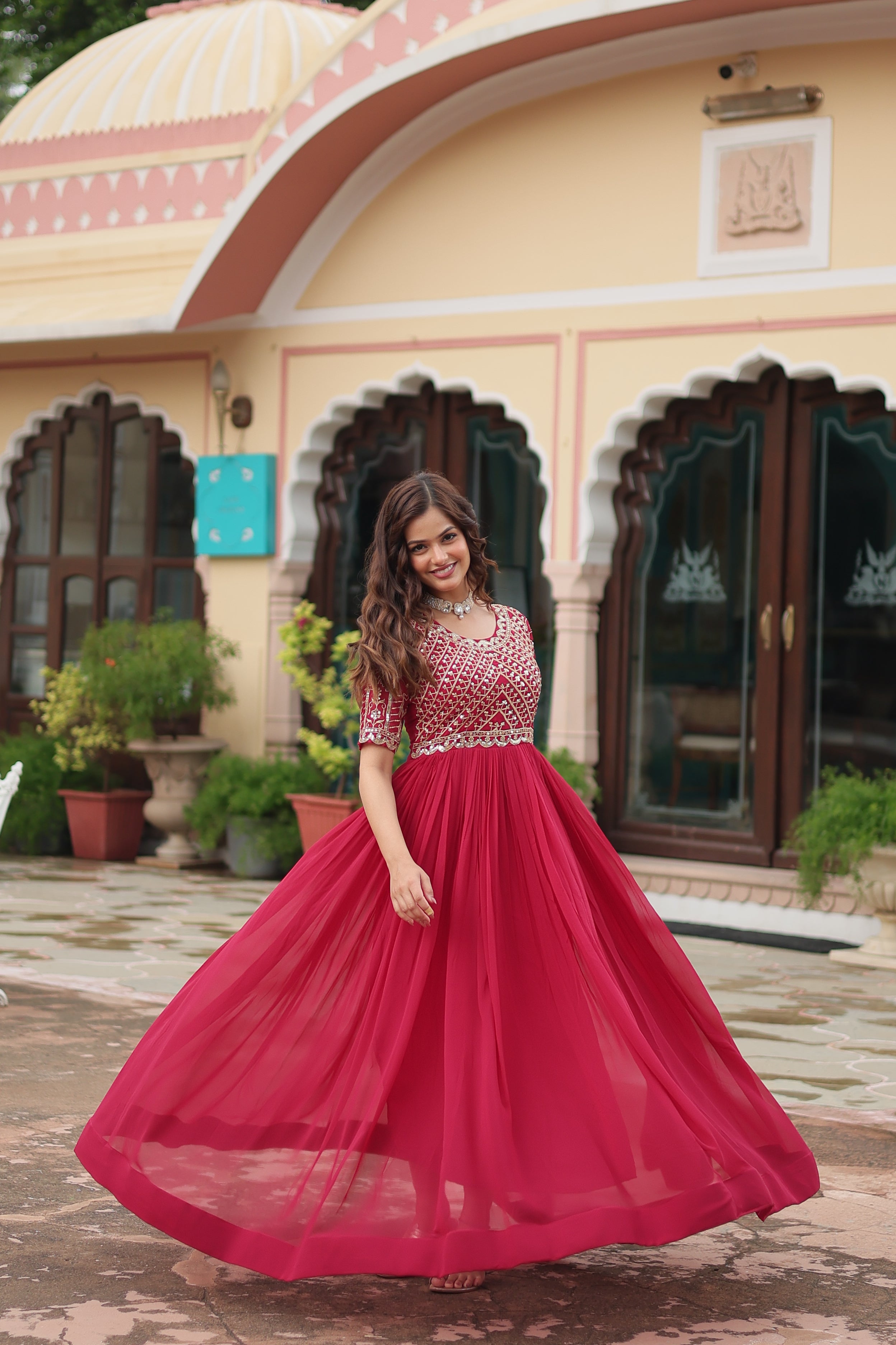 Pink Luxury Faux Blooming Designer Gown with Zari & Sequins Embroidery